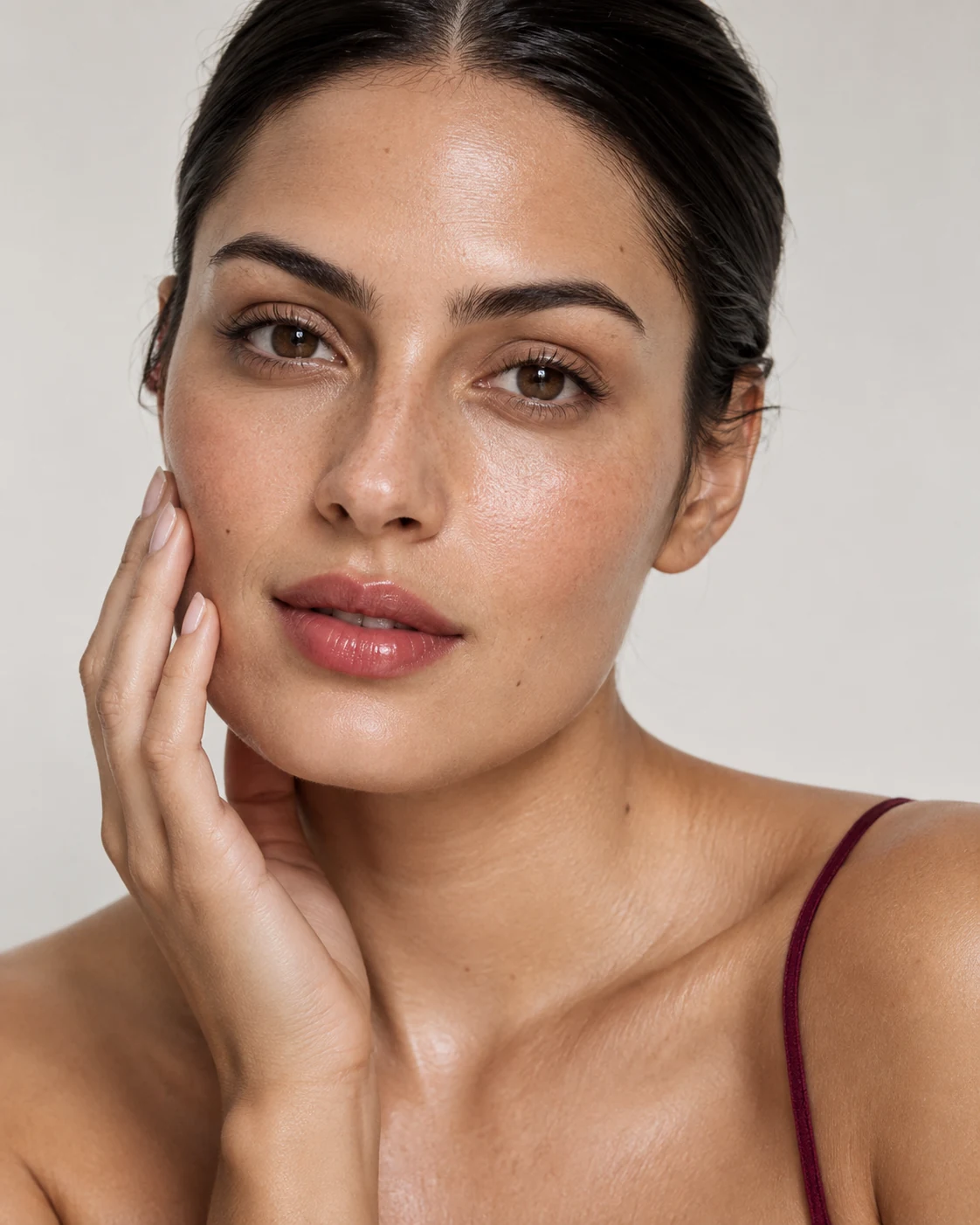 Fresh rosy makeup with natural skin texture and a glossy lip
