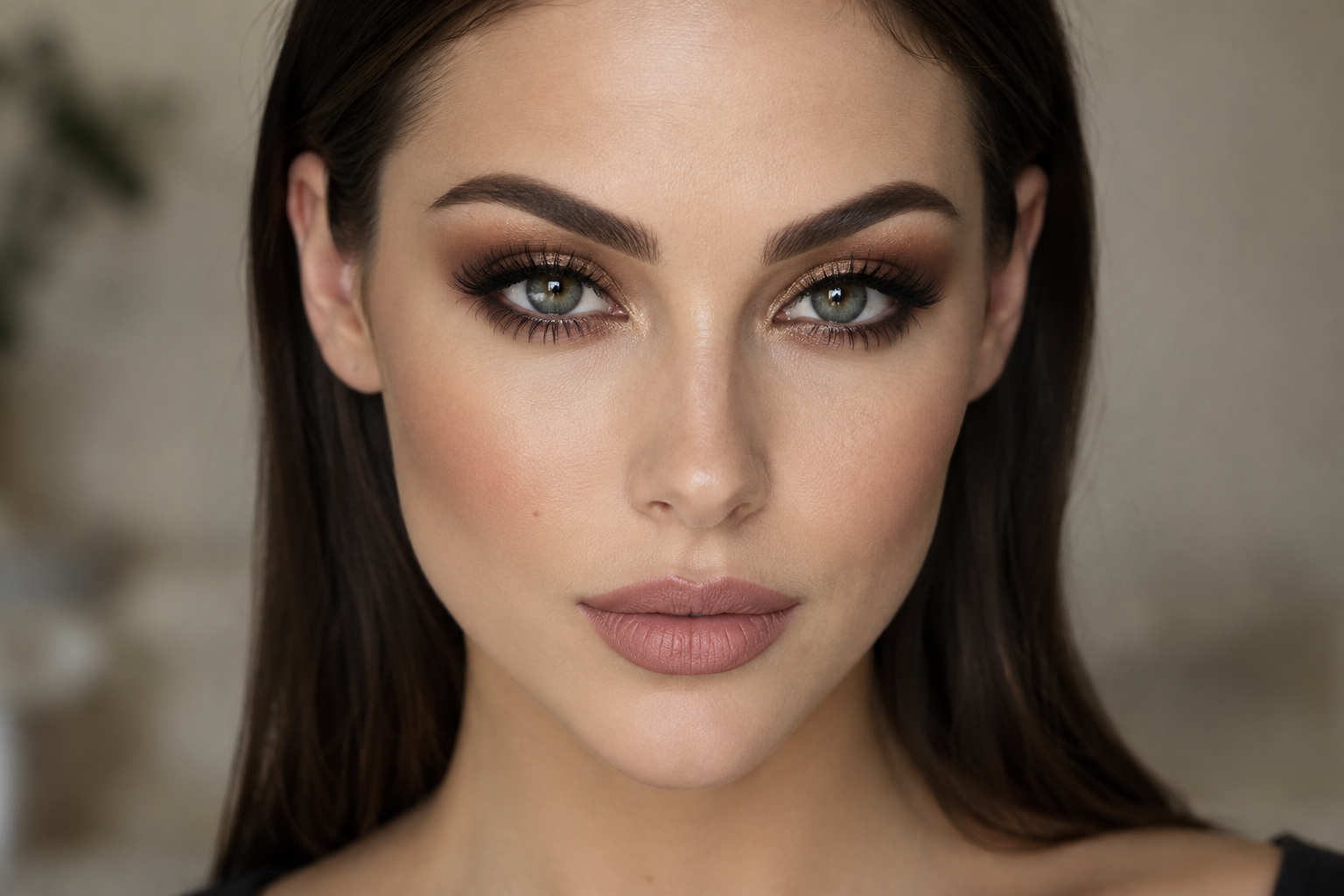 Fair-skinned brunette woman with bold structured brows, bronze eye shadow, defined lashes, a softly matte beige-rose lip, and a light foundation base.