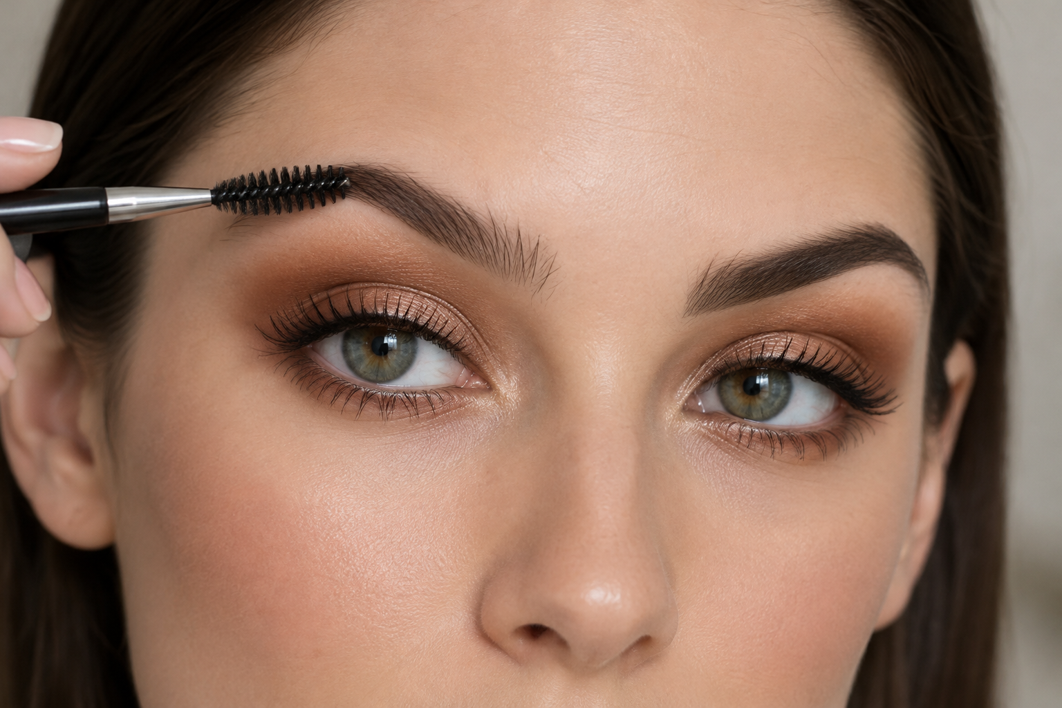 Fair-skinned brunette woman brushing the front of one brow with a spoolie, showing softly shaded inner brows and darker, defined arches and tails.