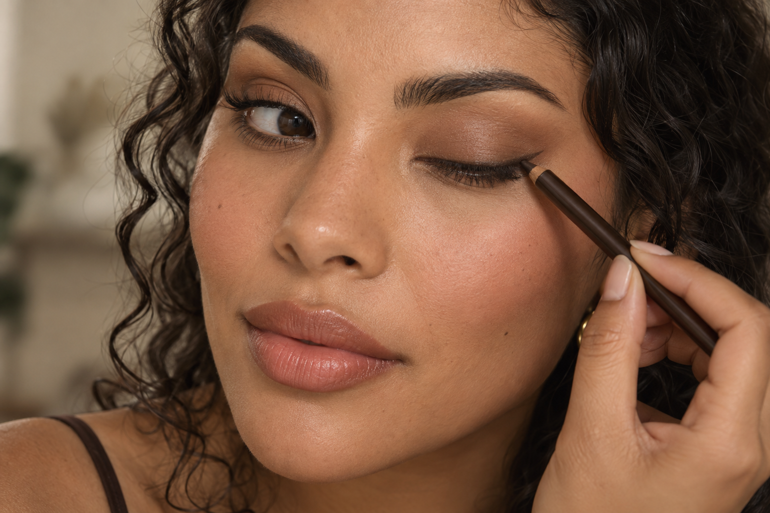 Latina woman applying dark brown pencil in short strokes along her upper lash line beneath a sheer warm-brown shadow wash.