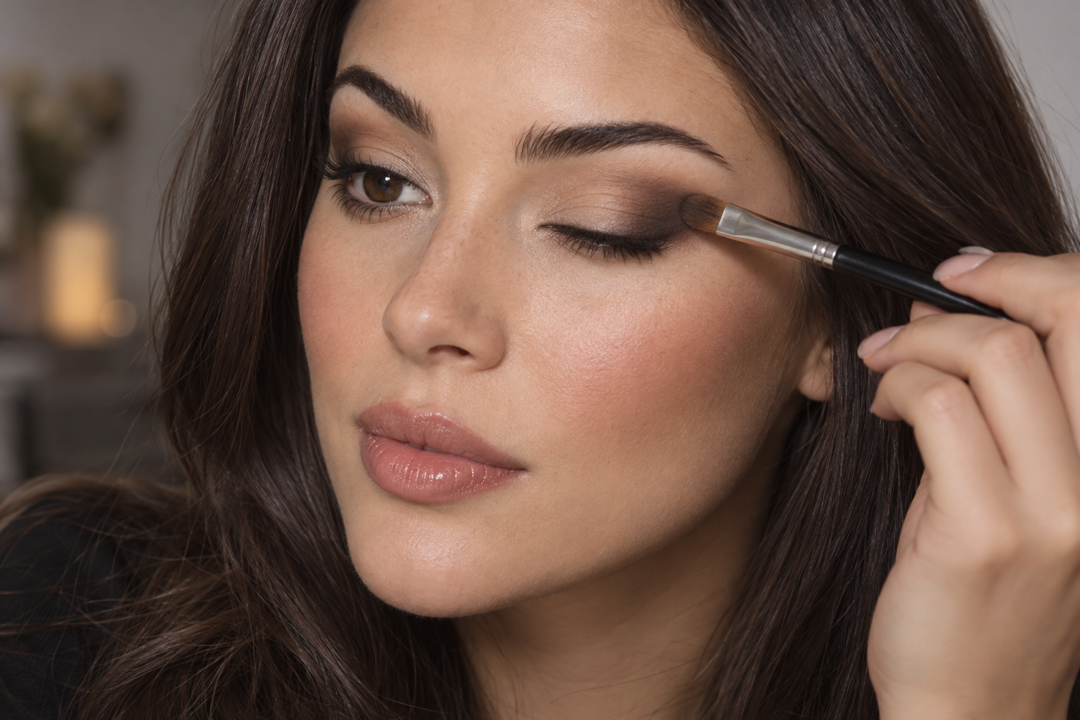 Woman pressing deep brown shadow onto the outer third of her upper lash line with a small brush, beneath a softly blended medium-brown lid wash.