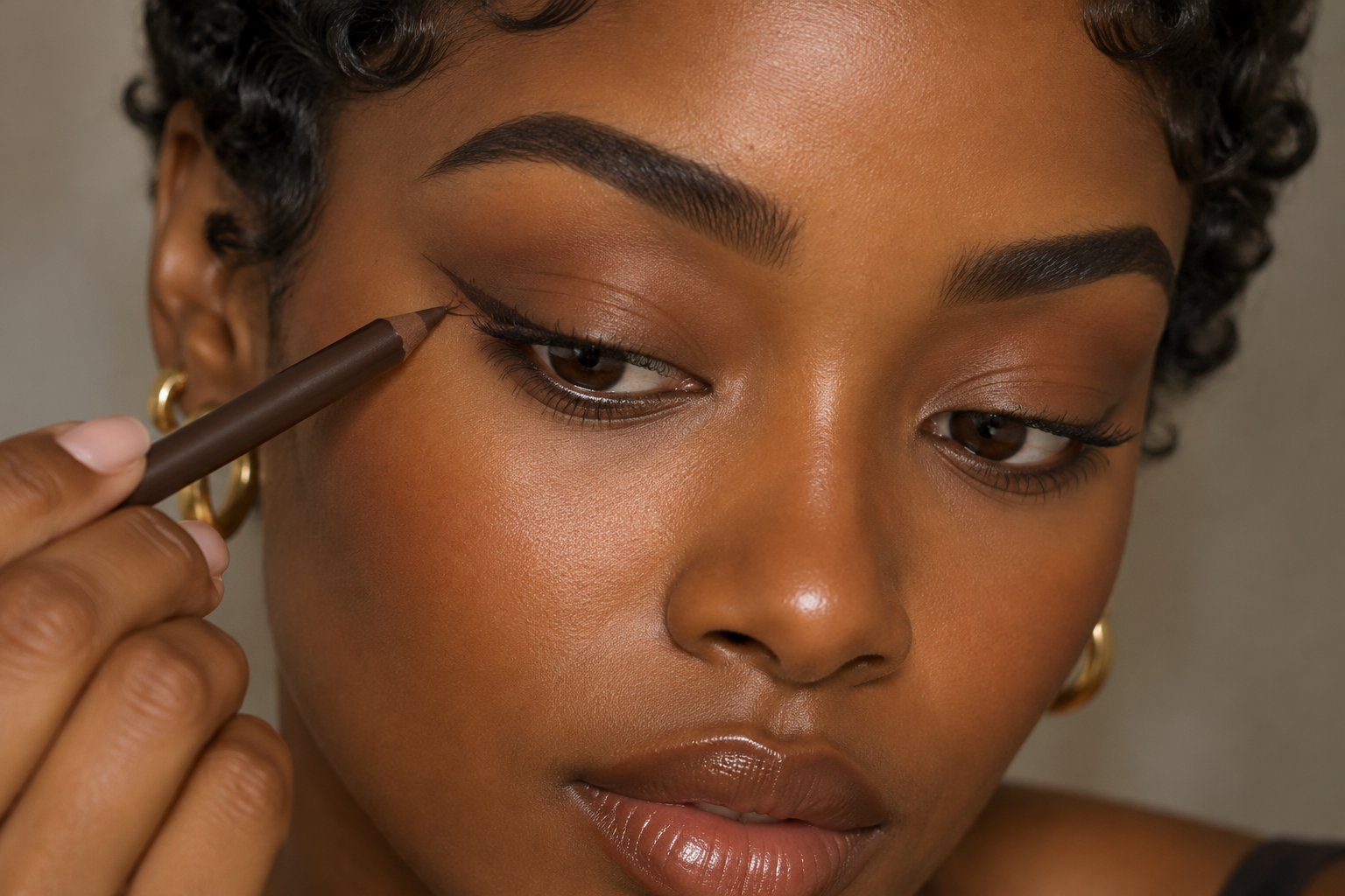 Woman looking downward with an eyeliner pencil touching her upper lash line beside a few short brown strokes on its outer half.