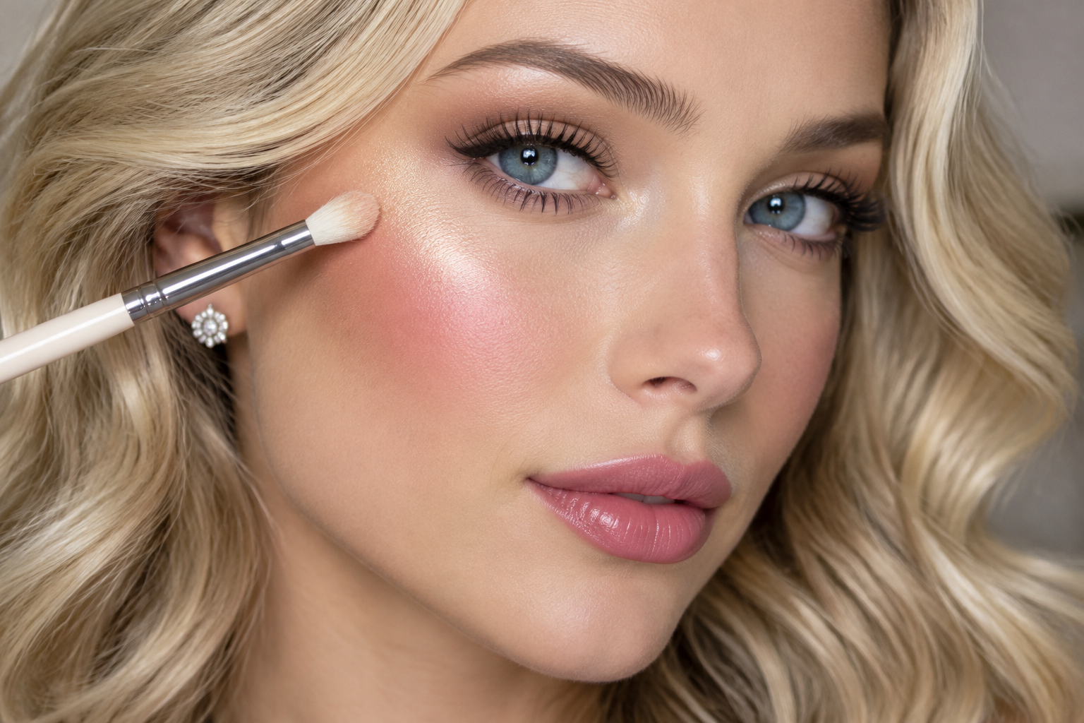 Blonde woman with rosy blush holding a small brush against a narrow champagne highlight on her upper cheekbone.