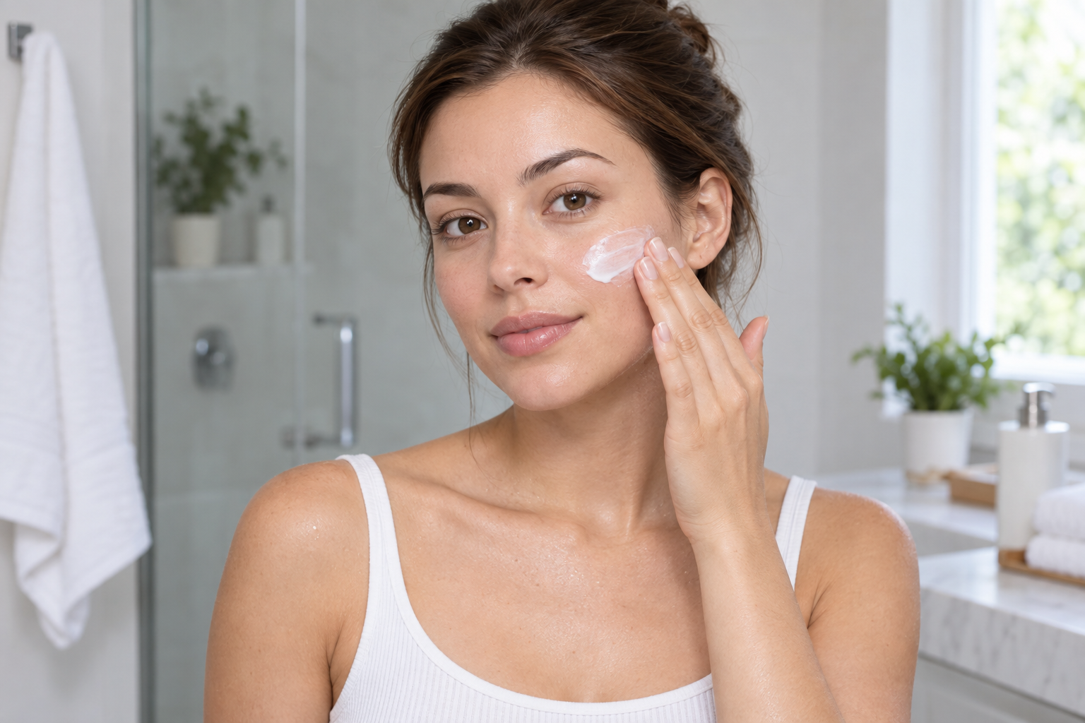 Woman gently applying moisturizer to a slightly damp cheek after cleansing.