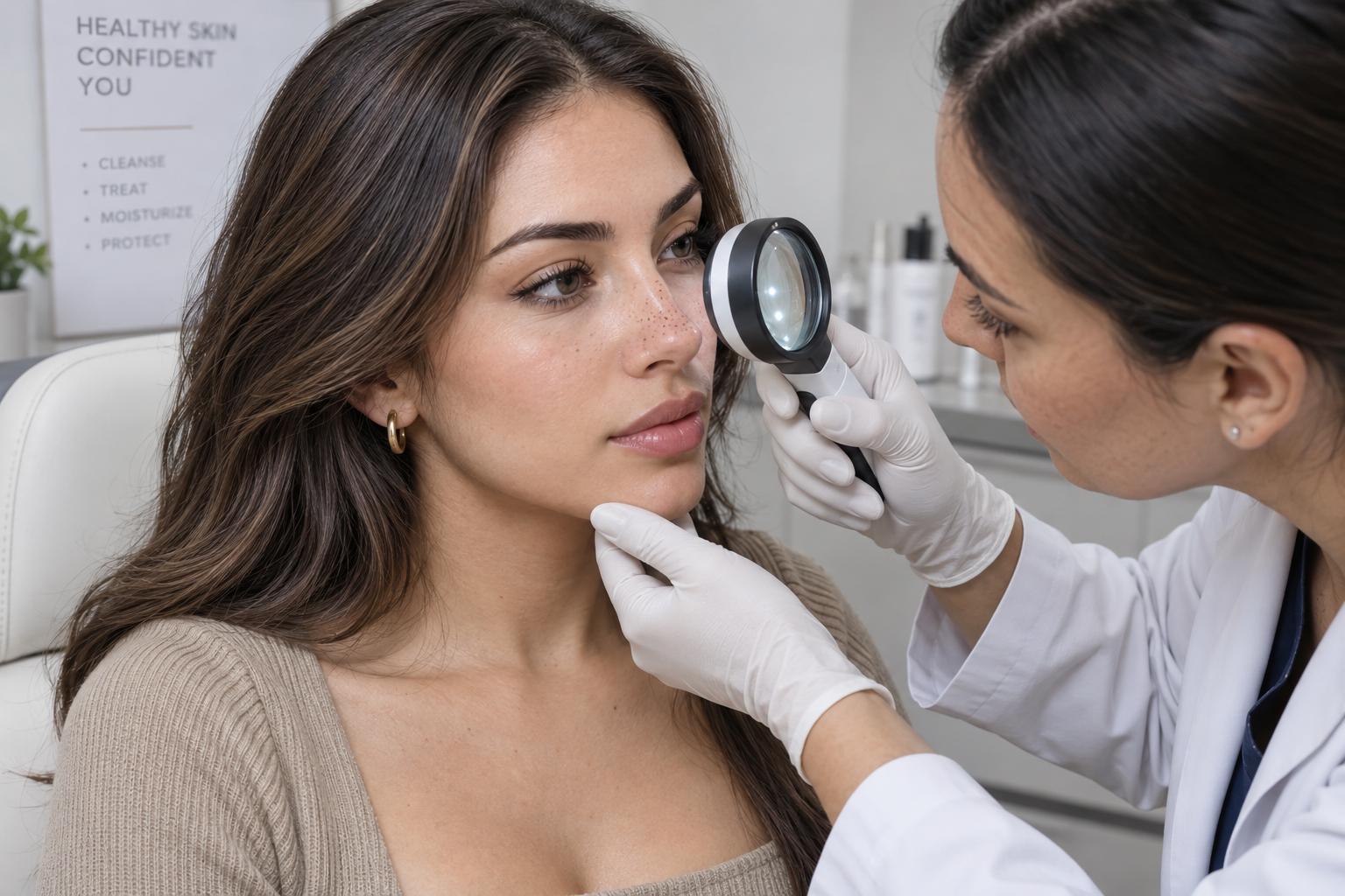 A dermatologist examining a seated woman’s nose with a handheld magnifier.