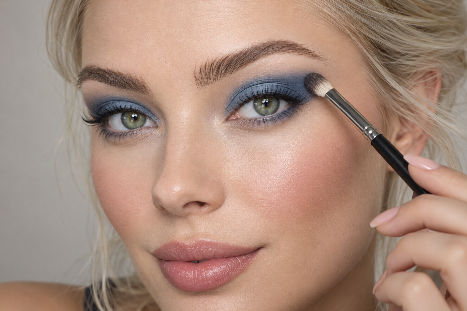 Woman with open green eyes and denim-blue eye shadow holds a small brush at the shadow’s upper outer edge, where blue is visible above the lid fold.