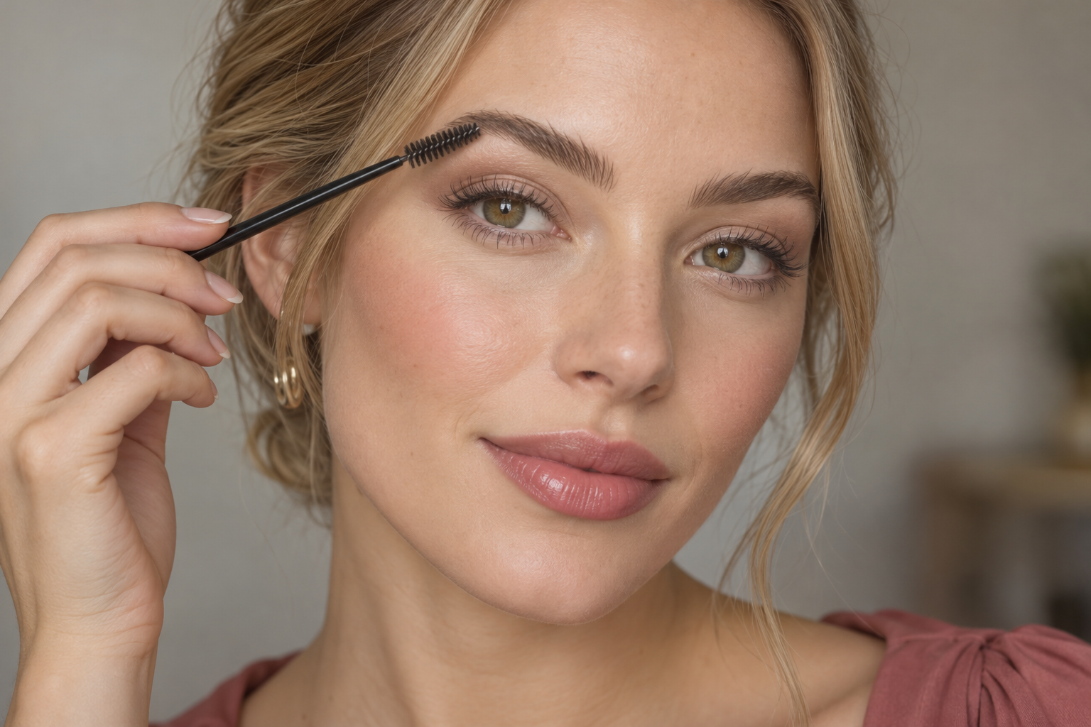Honey-blonde woman brushing one eyebrow upward with a spoolie, wearing softly defined eye makeup, warm blush, rose lipstick, and gold earrings.