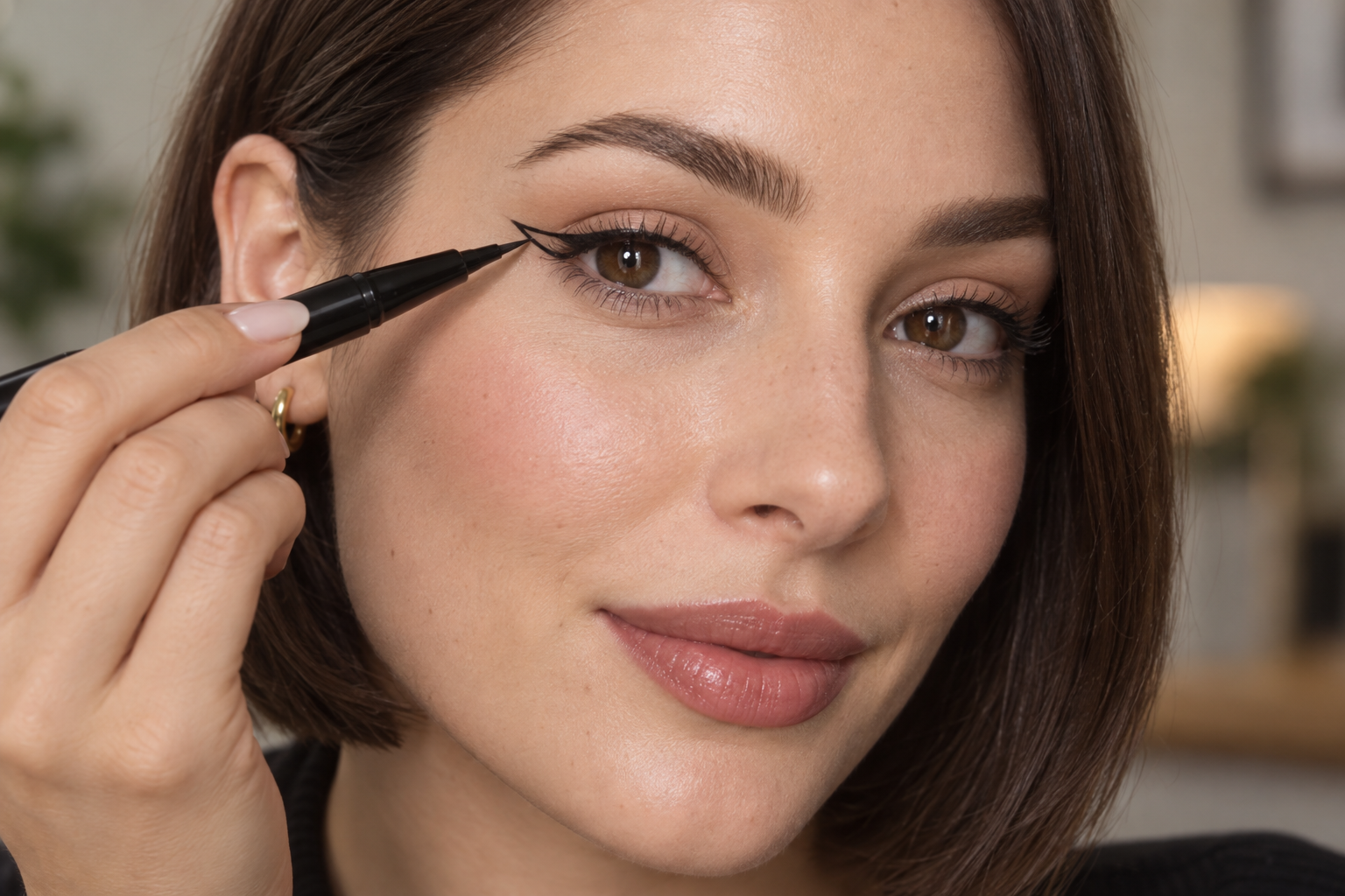 Woman with open brown eyes and small, unfilled black wing outlines, holding a fine-tip eyeliner pen against the inner edge of one outline near the outer lashes.