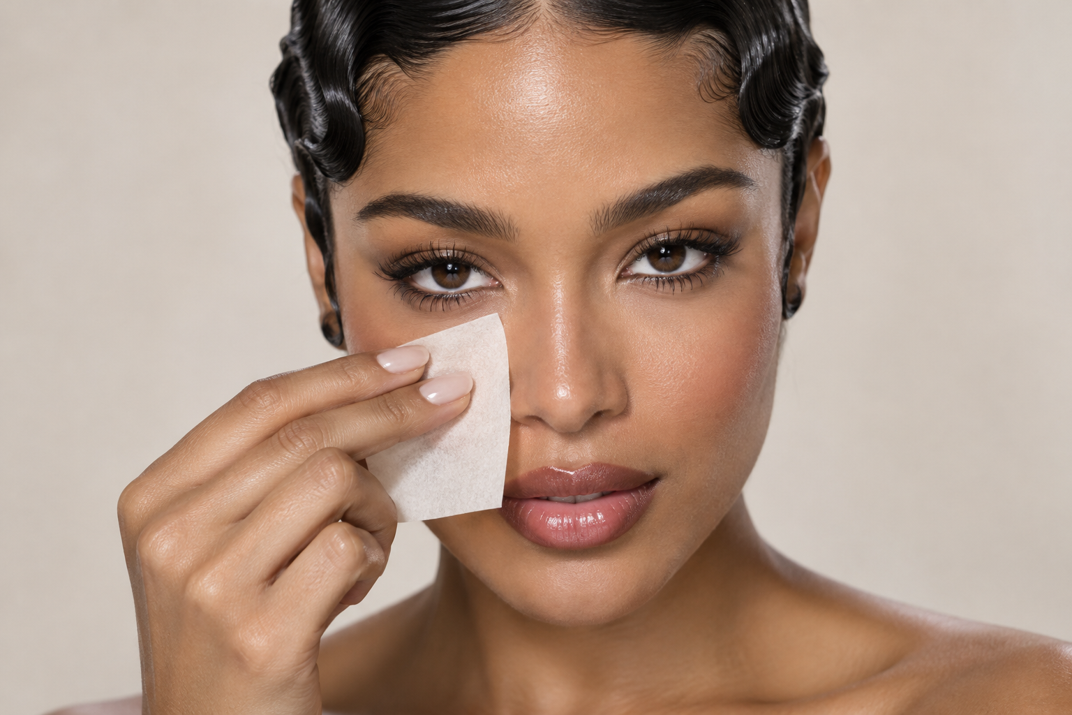 Woman with slicked-back wavy hair pressing a small blotting paper against the side of her nose, with her full face visible.