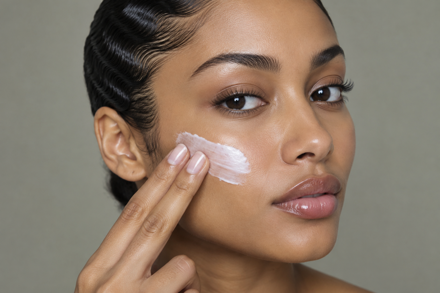 Woman with medium-brown skin and slicked-back waves spreading a small amount of white moisturizer over one cheek with two fingertips.