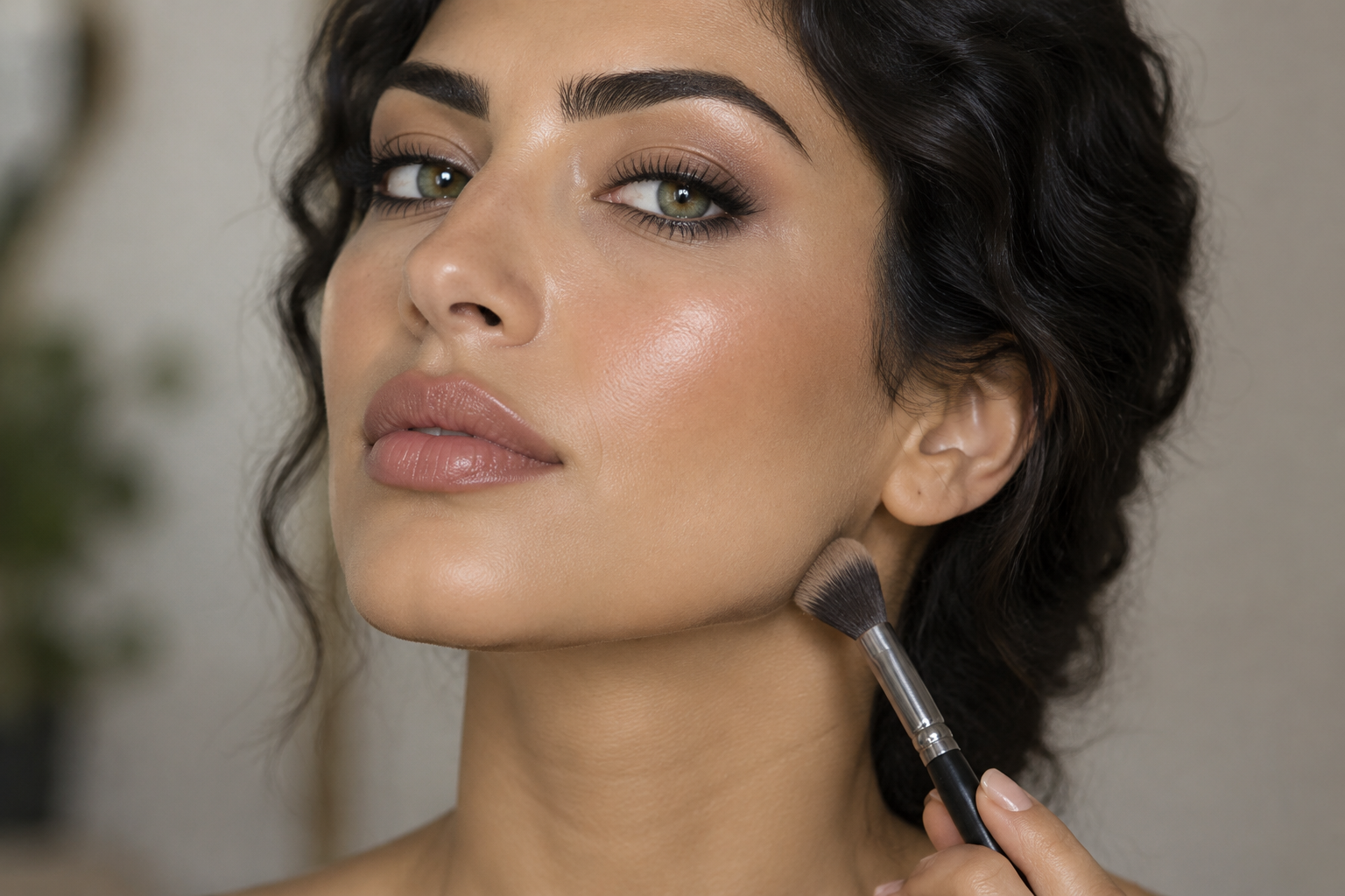 Woman with olive skin and dark wavy hair holding a small brush against the lower edge of subtle contour beneath her outer jaw.