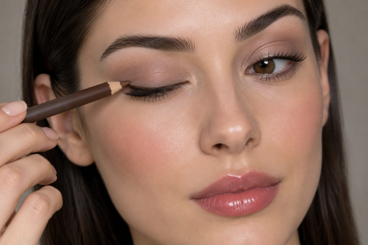 Woman with a softly lowered eyelid applying brown pencil in a thin line just above her upper lashes, over taupe eye shadow.