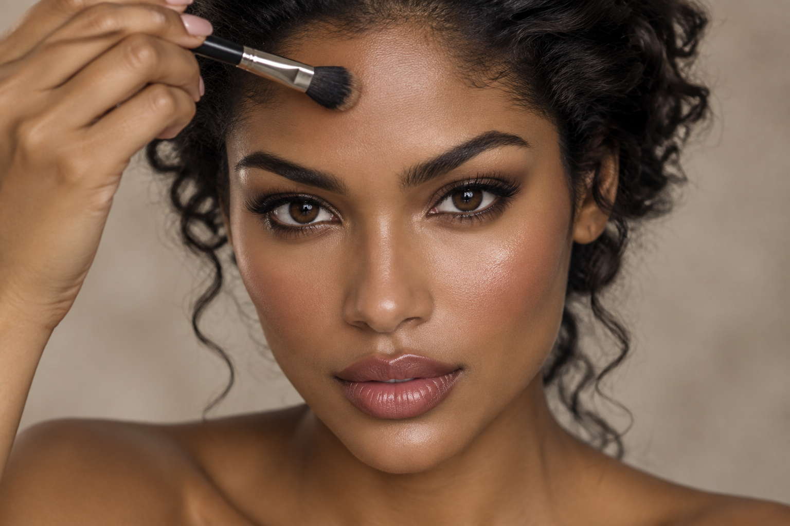 Woman touching a small powder brush to her forehead, with softly luminous cheeks and a satin finish on her nose and chin.
