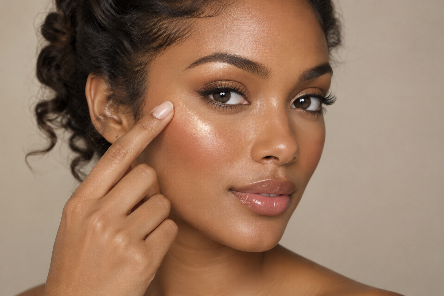 Woman with swept-back curls tapping a fingertip onto her outer upper cheekbone, where a soft warm sheen contrasts with the satin finish of the rest of her face.