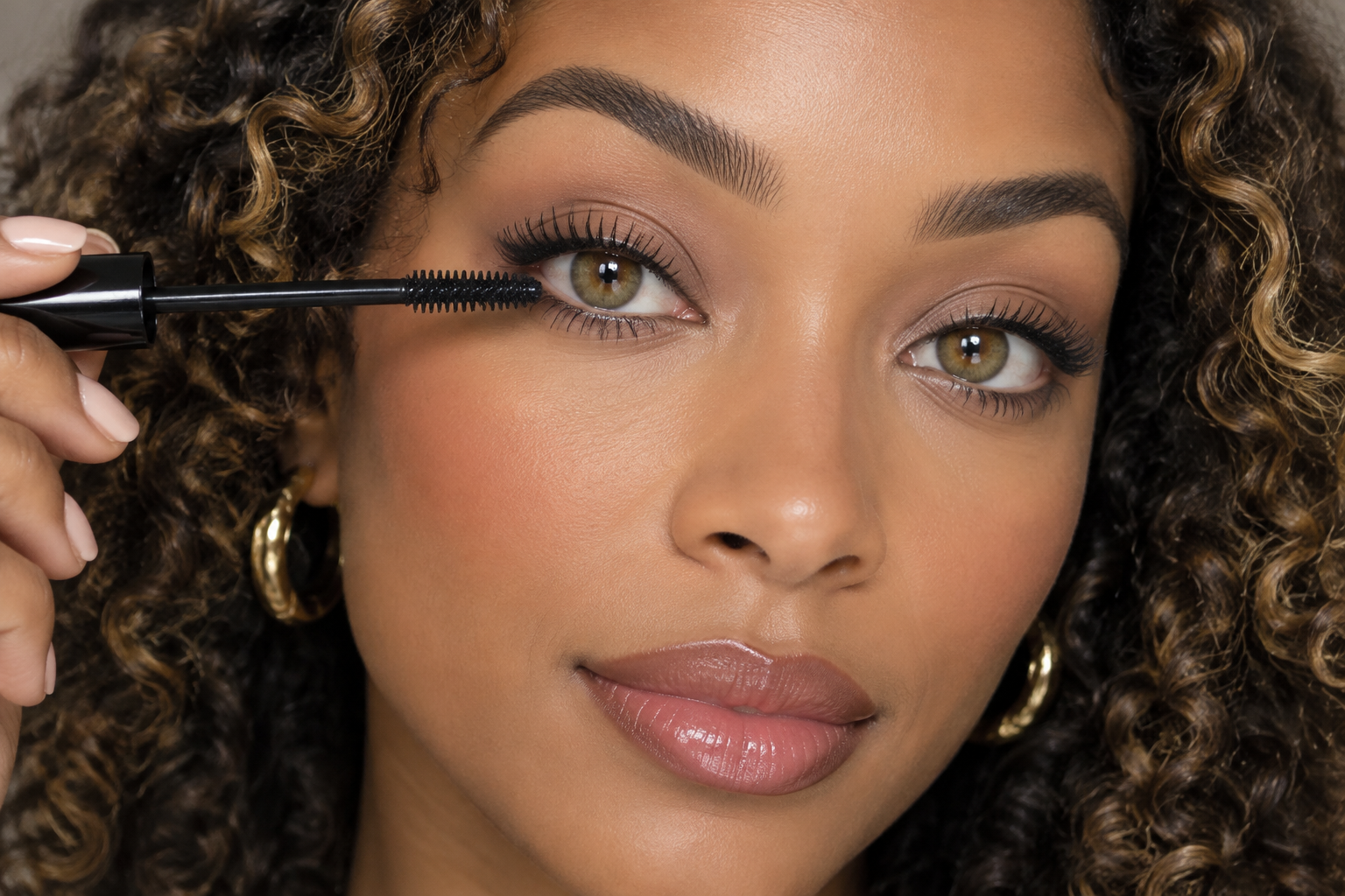 A woman holds a mascara wand beneath her middle upper lashes, which point upward, with soft taupe shadow and thin brown eyeliner.