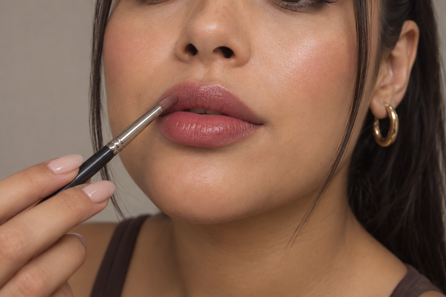 Woman holding a lip brush against her upper lip edge, with softly edged rose lipstick and deeper rose color at the center of both lips.
