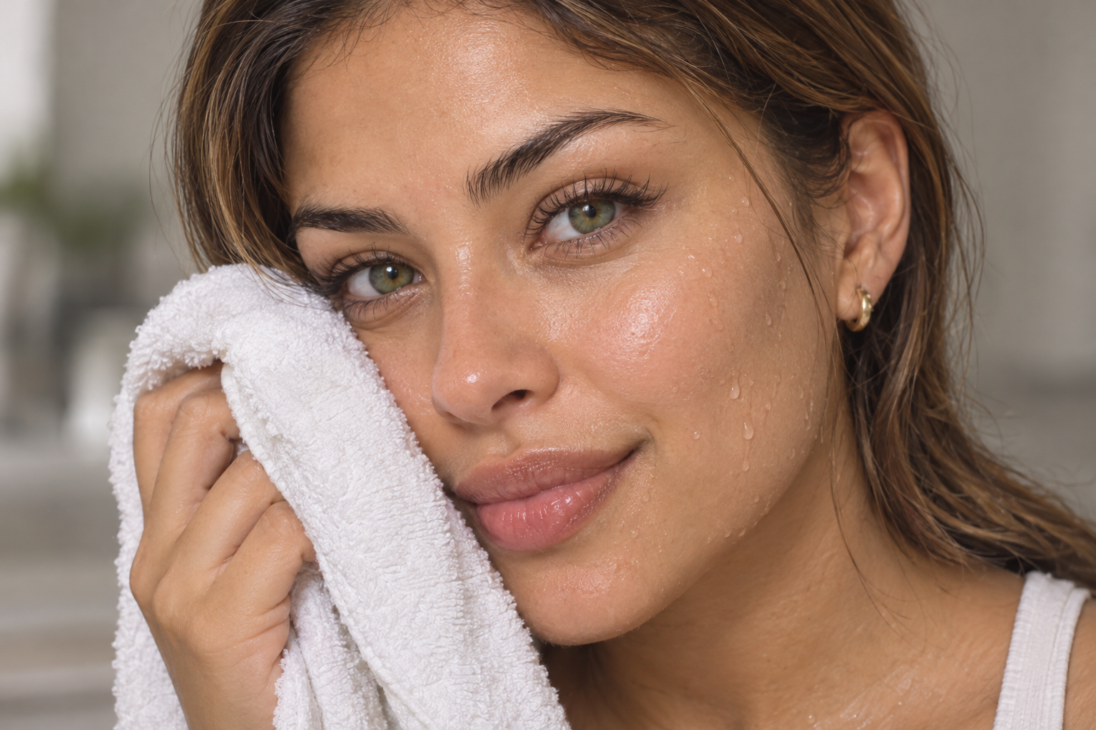 A woman with caramel-brown hair gently holds a folded cotton towel against her lower cheek, with small water droplets on her uncovered cheek.
