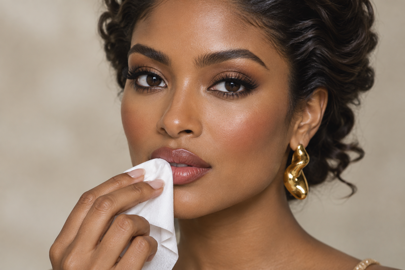 Woman with swept-back curls and a sculptural gold earring gently blotting her lips with a folded tissue.