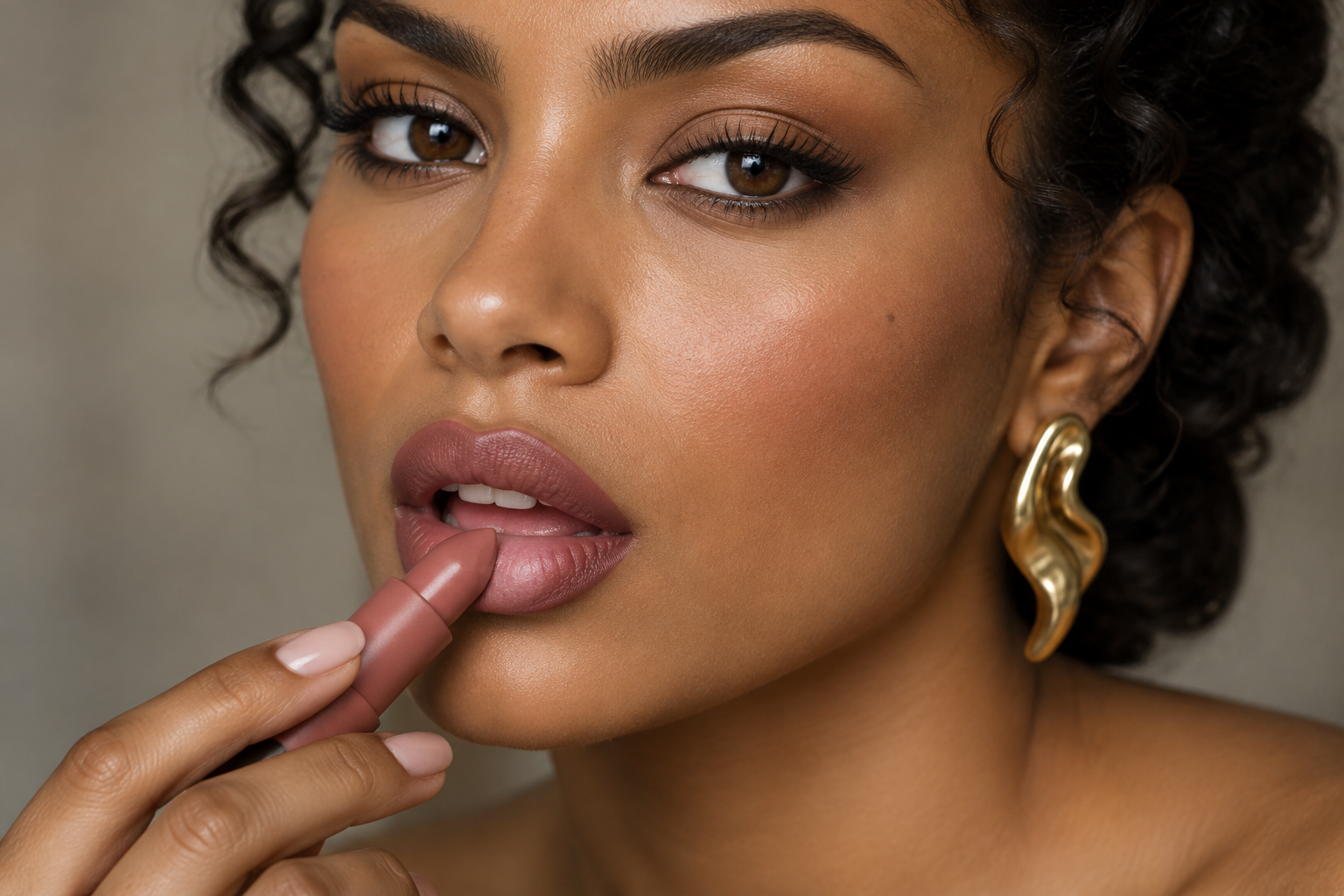 Woman with swept-back curls and a gold earring applying rose lipstick to the inner edge of her lower lip.