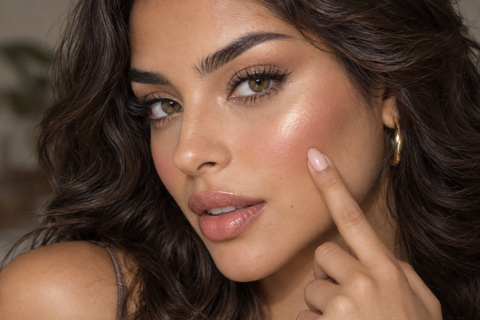 Woman touching the lower edge of her cheekbone highlight with a fingertip where the sheen meets rose blush.