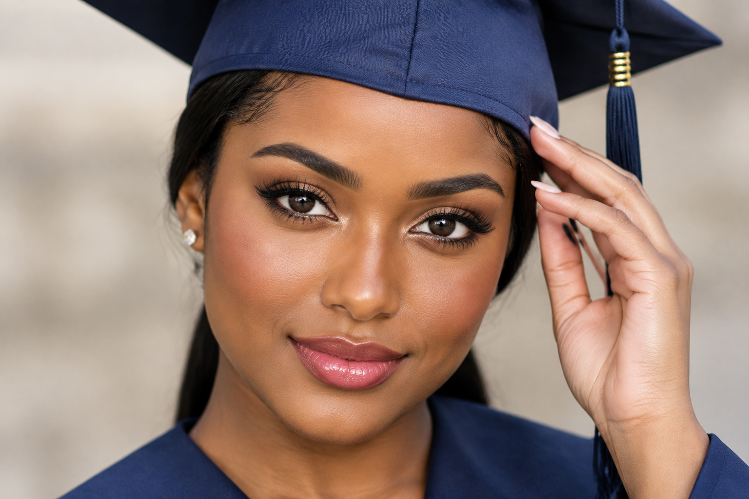 Woman wearing a navy graduation cap and gown adjusts the cap at her temple, showing defined eye makeup, softly sculpted cheeks, and rose-colored lips.