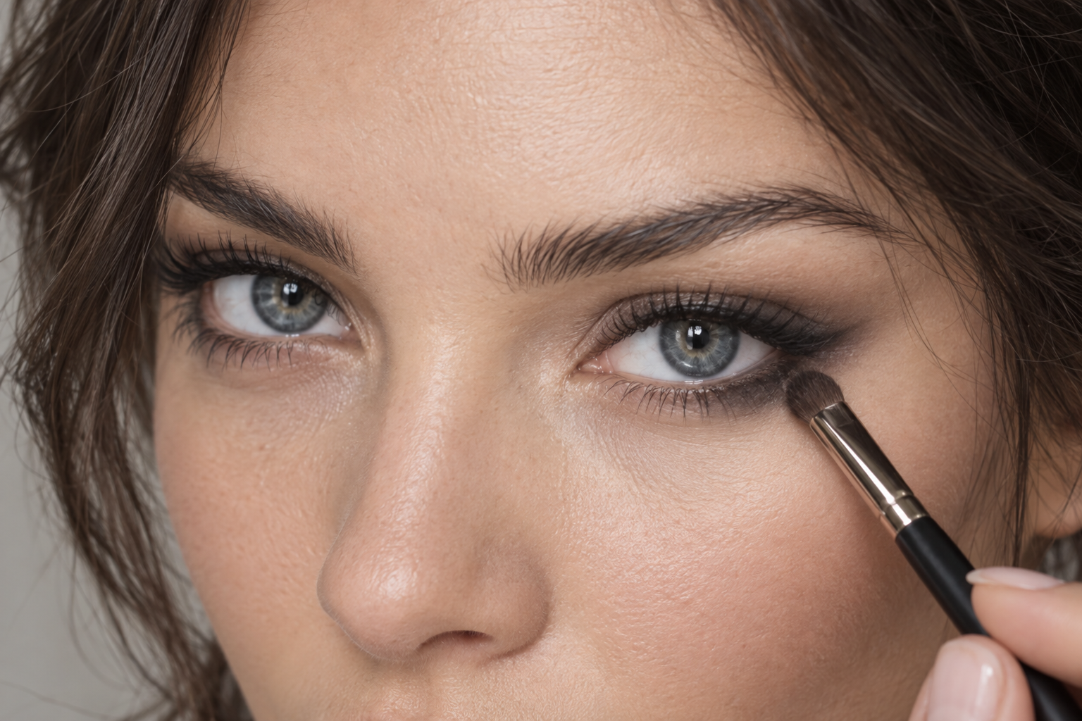 Woman holding a small smudging brush beneath the outer third of one eye, where charcoal shadow softly defines the lower lashes while the inner lower lash line remains bare.