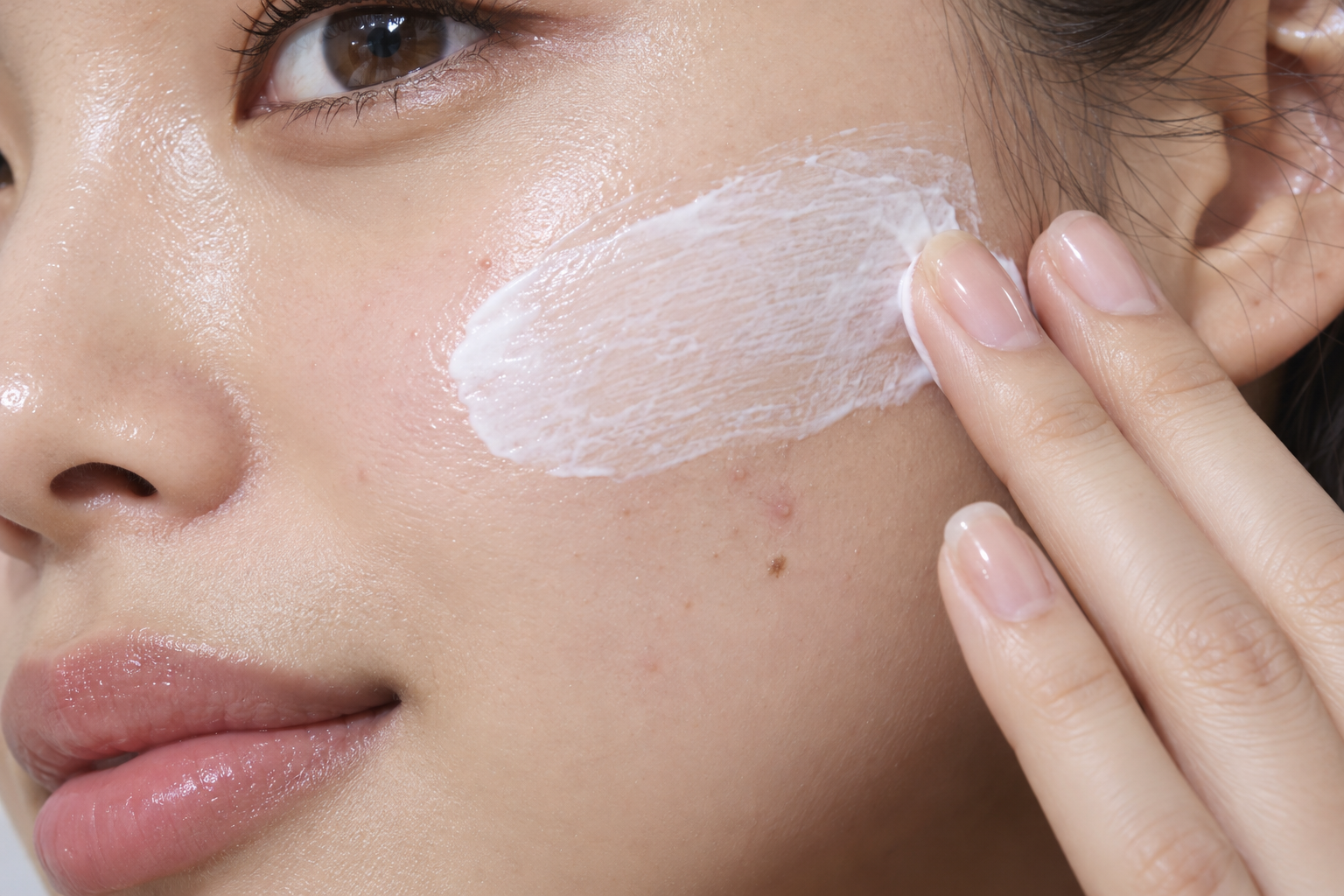 Fingertips spreading a thin veil of white sunscreen across a cheek with a few small blemishes.