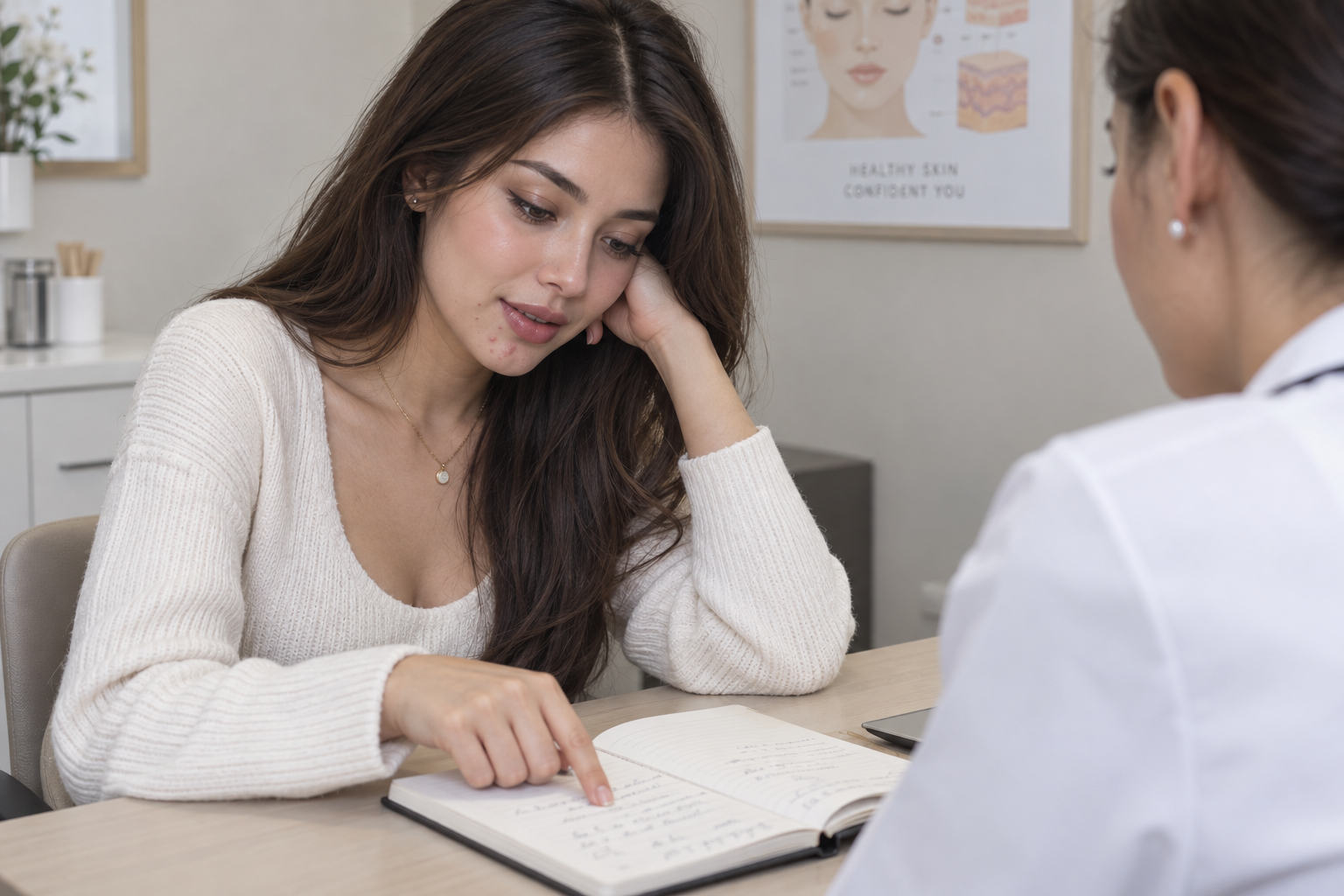 A woman with a few chin blemishes discussing an open notebook with a clinician across a table.