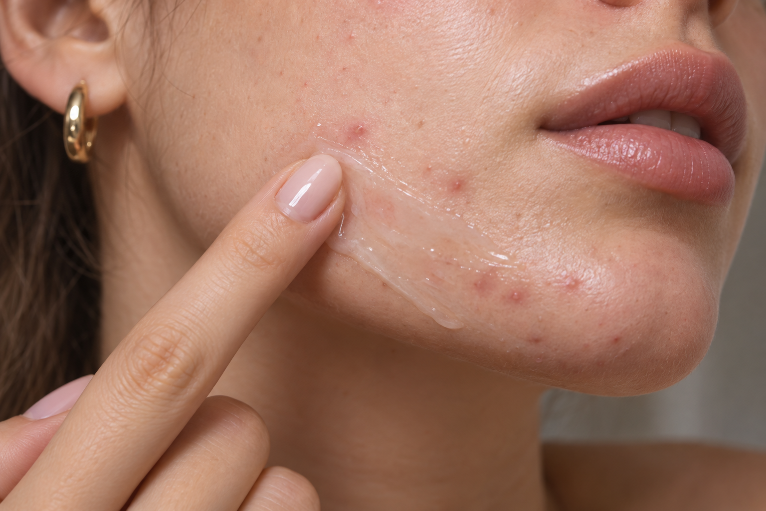 A fingertip spreading a sheer layer of gel across a chin and jawline area with several small blemishes.