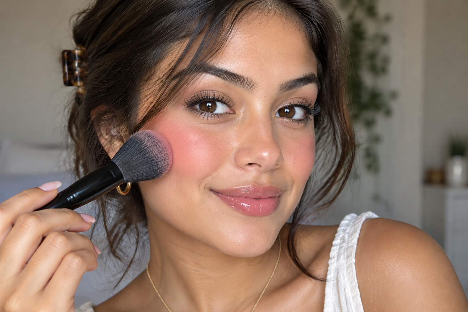 Young Latina woman with dark hair clipped back taps blush onto one cheek with a makeup brush.