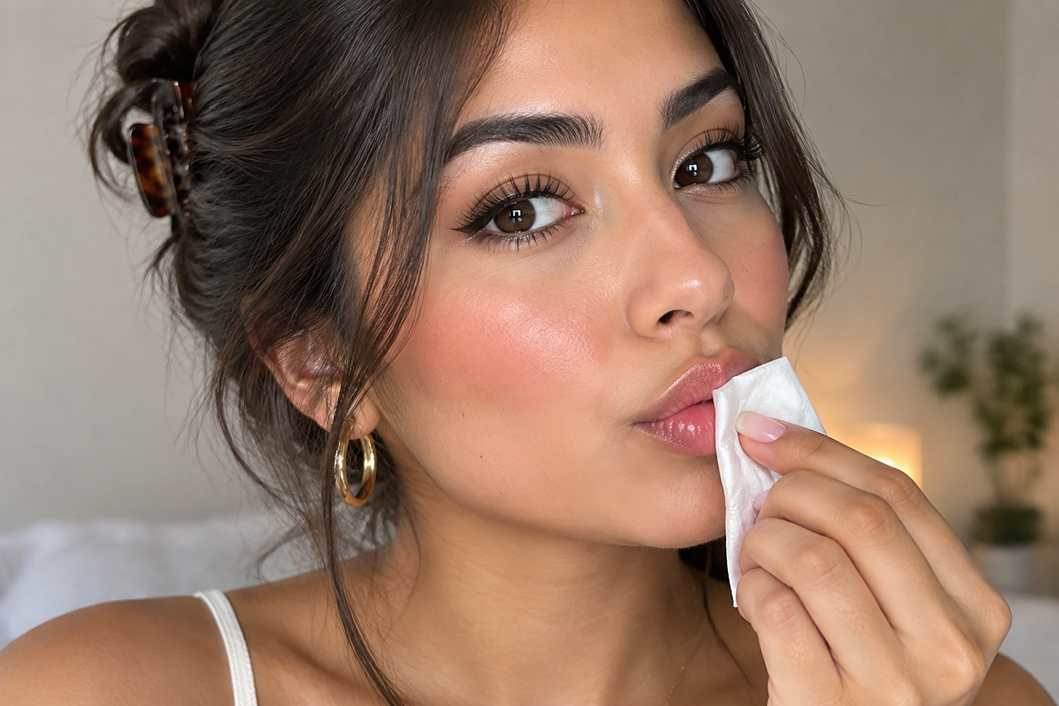 Young Latina woman gently blots excess lip balm with a folded tissue before lipstick.