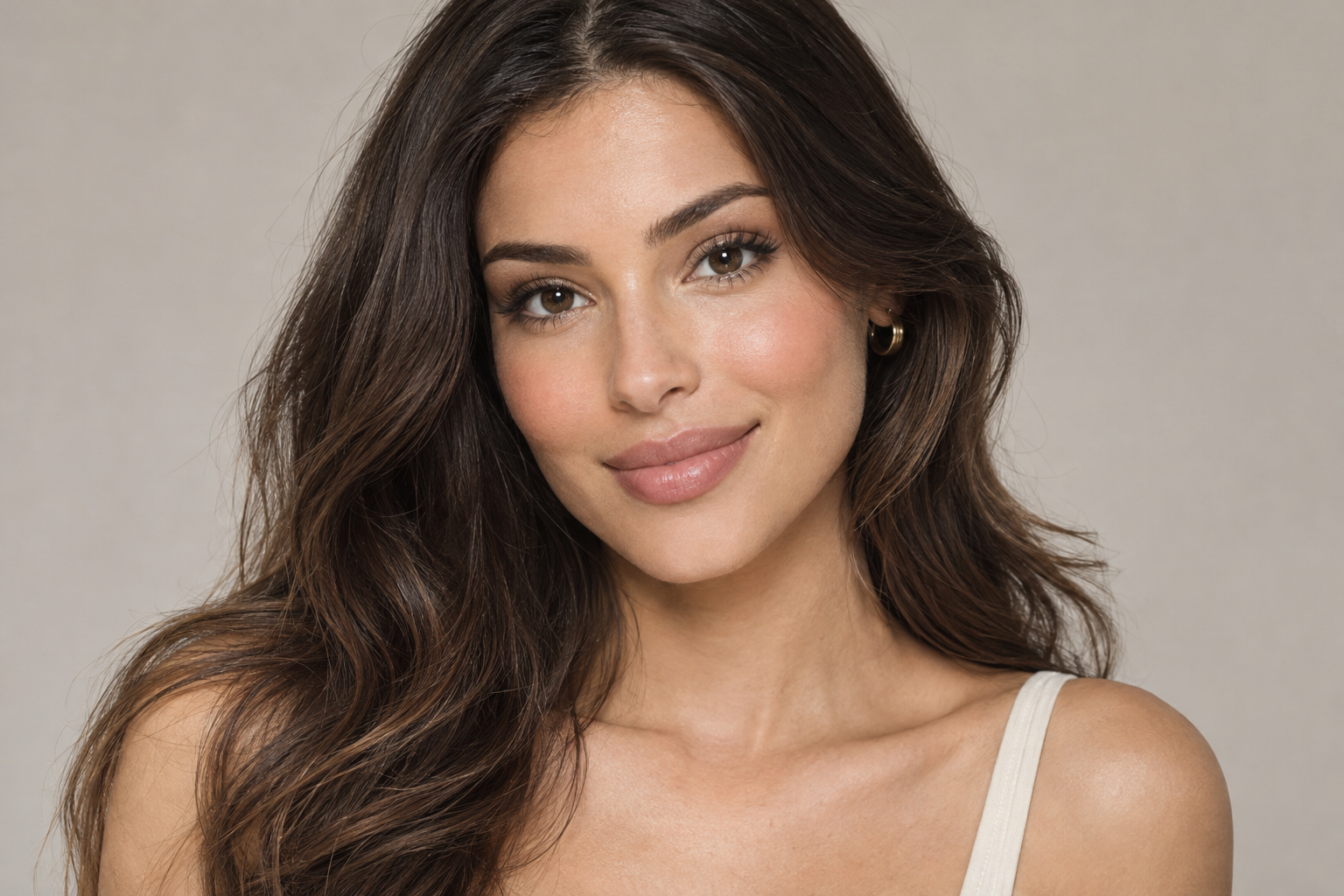 Woman looking toward the camera with a small closed-lip smile and relaxed shoulders.