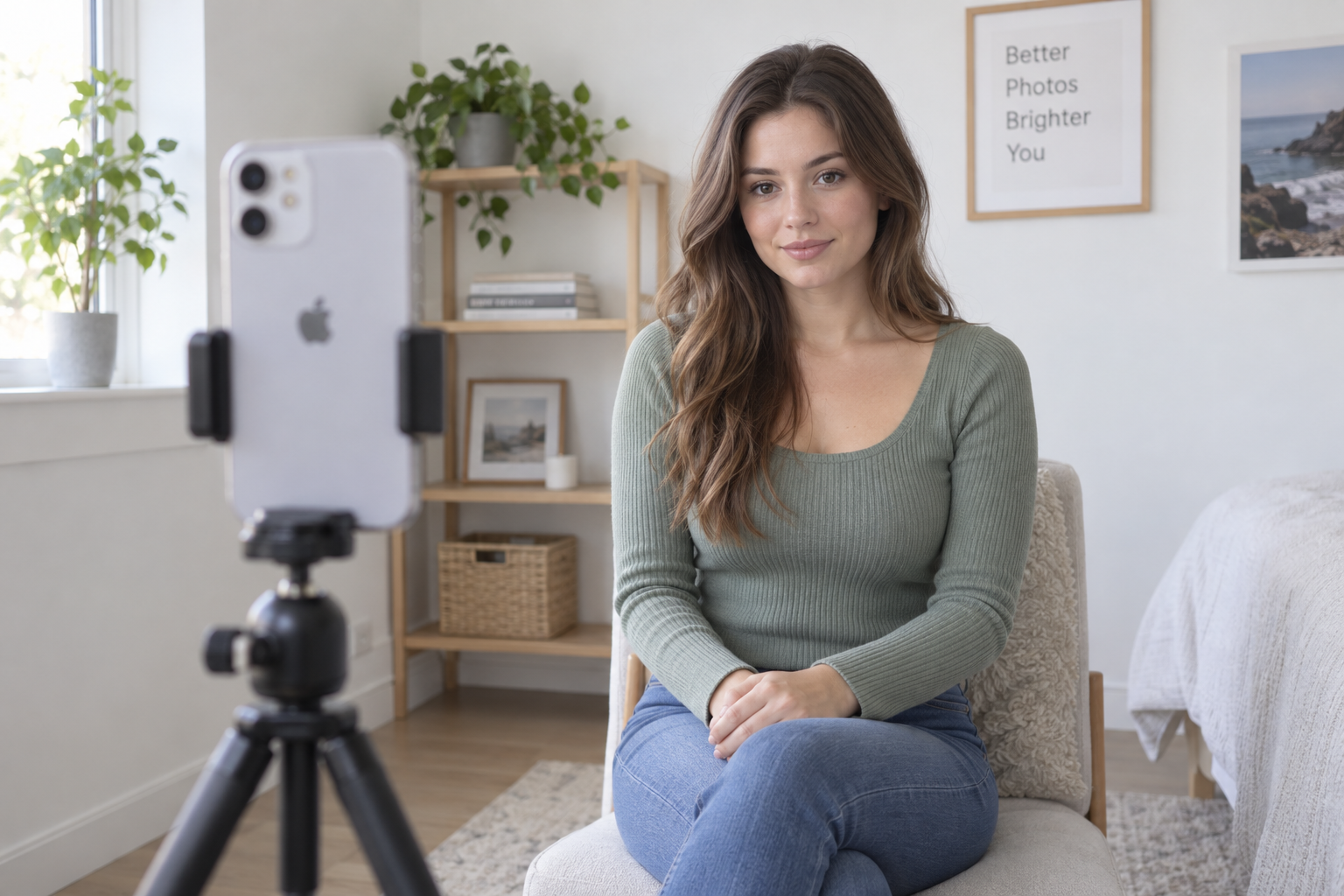 Fully clothed woman seated comfortably in front of an iPhone on a tripod at eye height.