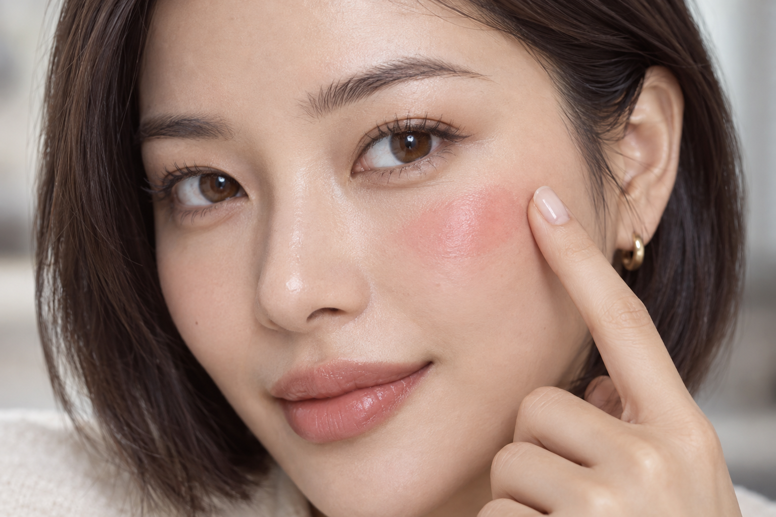 Woman with a dark brown bob touching the outer edge of a small rosy blush oval high on her cheek with one fingertip.