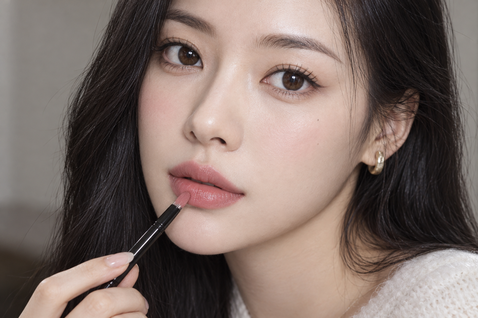 East Asian woman touching a small lip brush to the edge of her lower lip, with evenly distributed rose-pink lipstick and softly blurred borders.