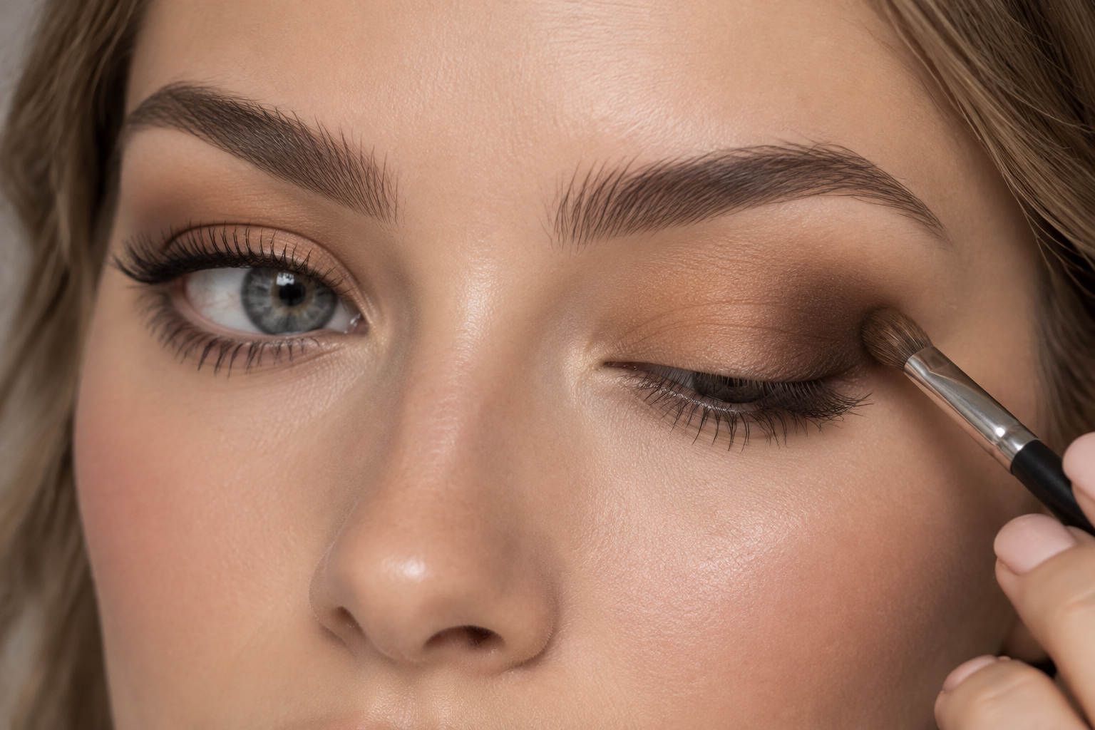 Woman pressing dark brown eyeshadow onto the outer third of one eyelid, with lighter caramel-brown shadow visible across the inner and middle lid.