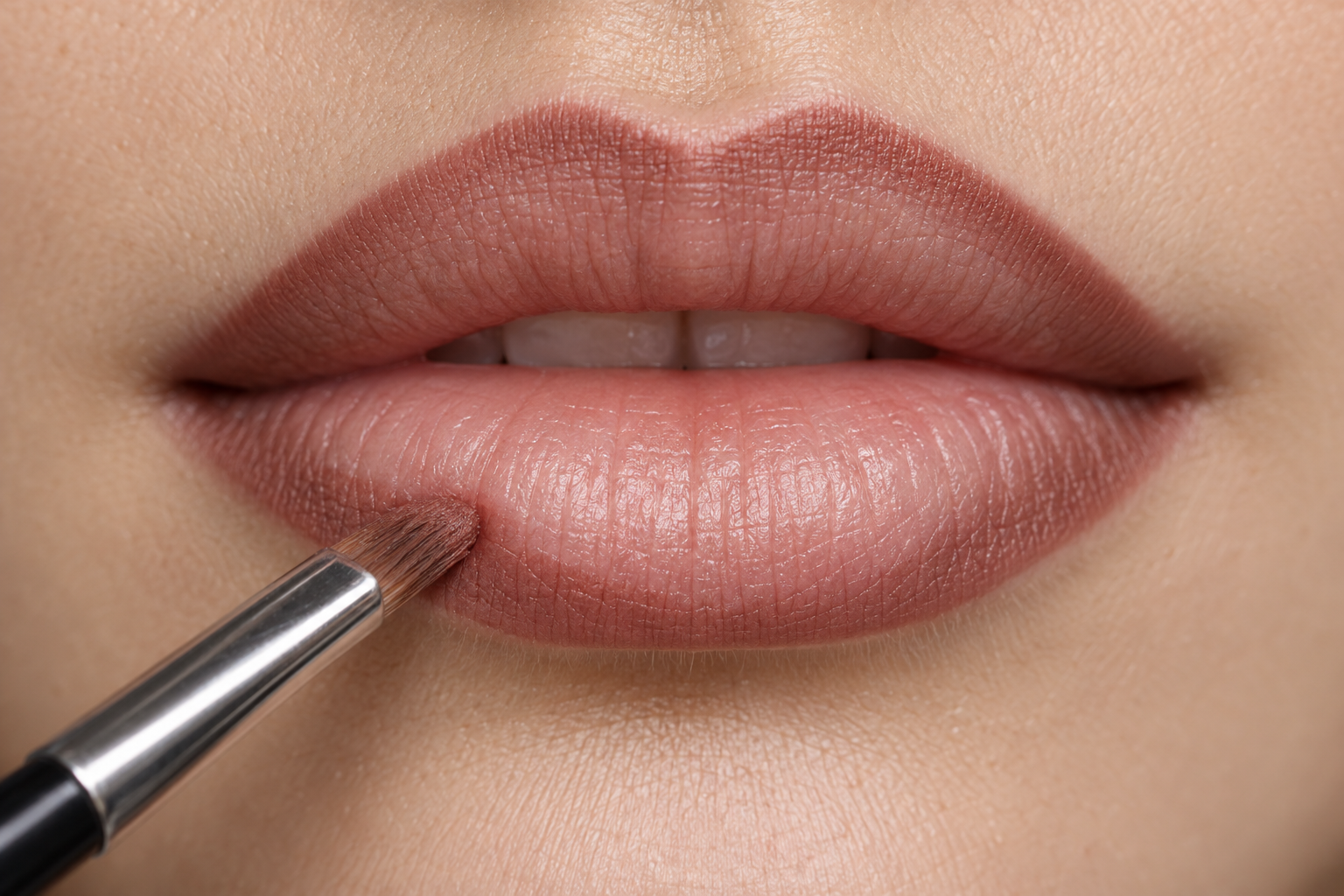 A small lip brush softening rose-brown pencil inward along the lower lip while leaving the outer boundary defined.