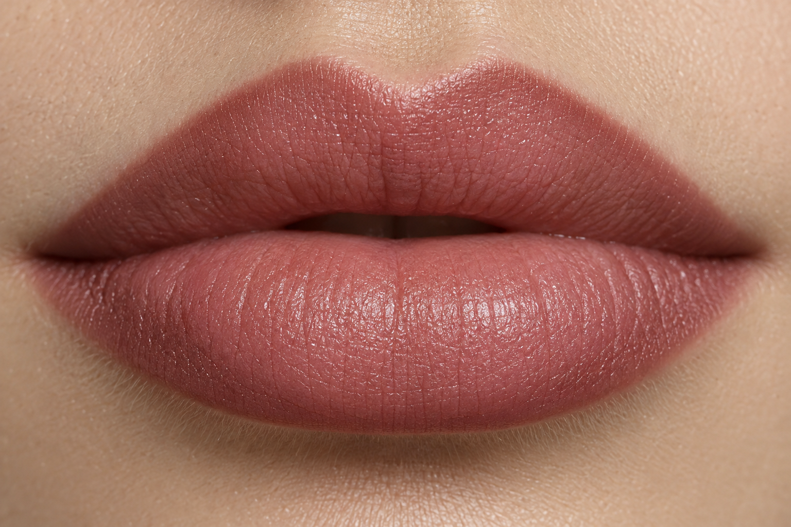 Muted rose satin lipstick overlapping a softly blended, slightly deeper rose-brown lip outline.