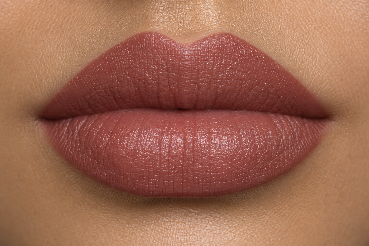 Medium-depth muted rose-brown lipstick with satin coverage and a neatly defined lip edge.