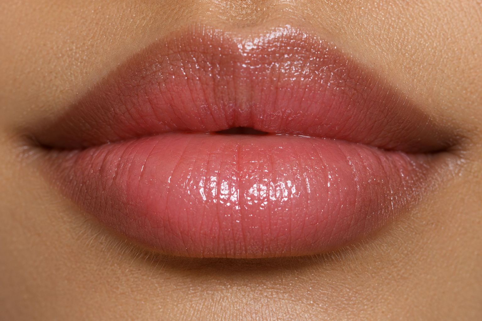 Sheer rosy lip color with a darker brown border and pinker center visible underneath.