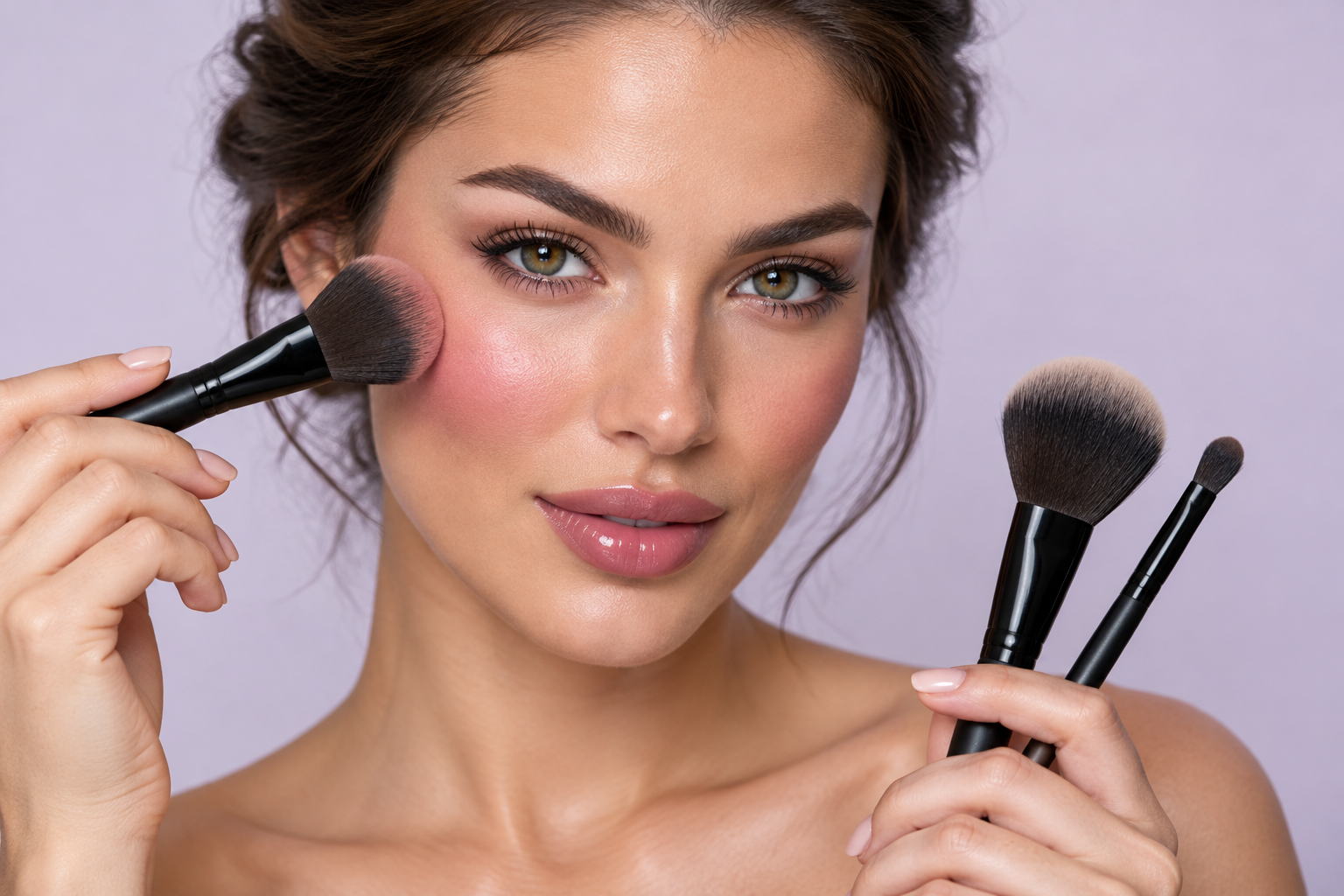 Woman applying blush with an angled makeup brush while holding a rounded powder brush and a small tapered eye brush beside her chin.