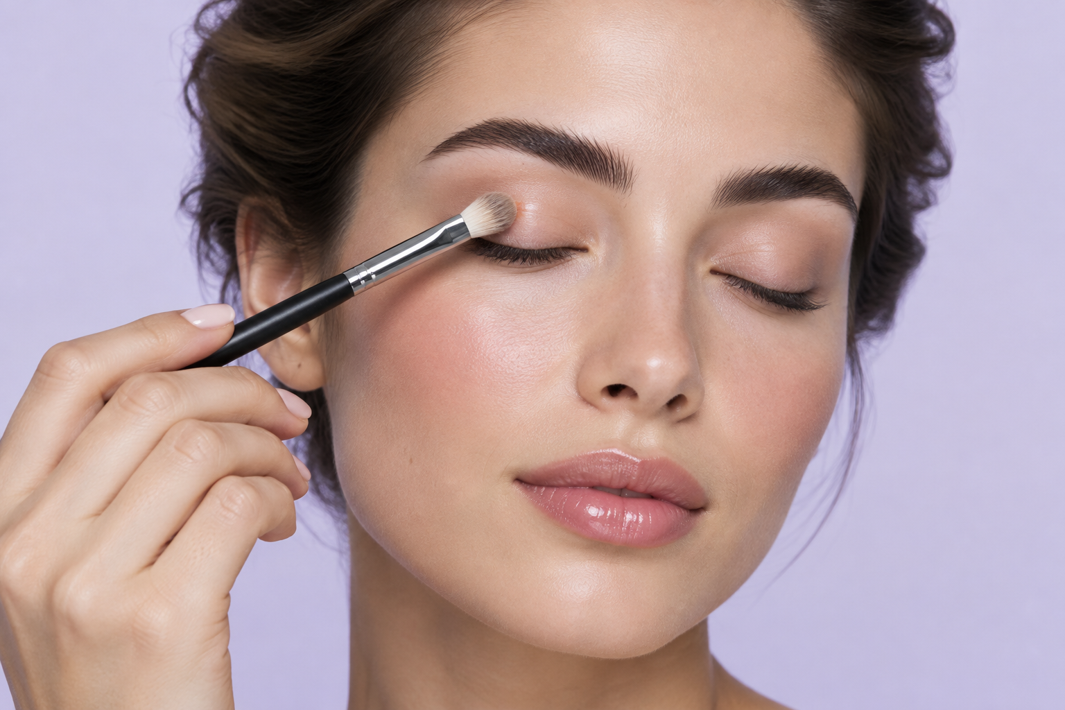 Woman holding a small rounded eye brush lightly against her closed eyelid, with the brush head and both brows visible.