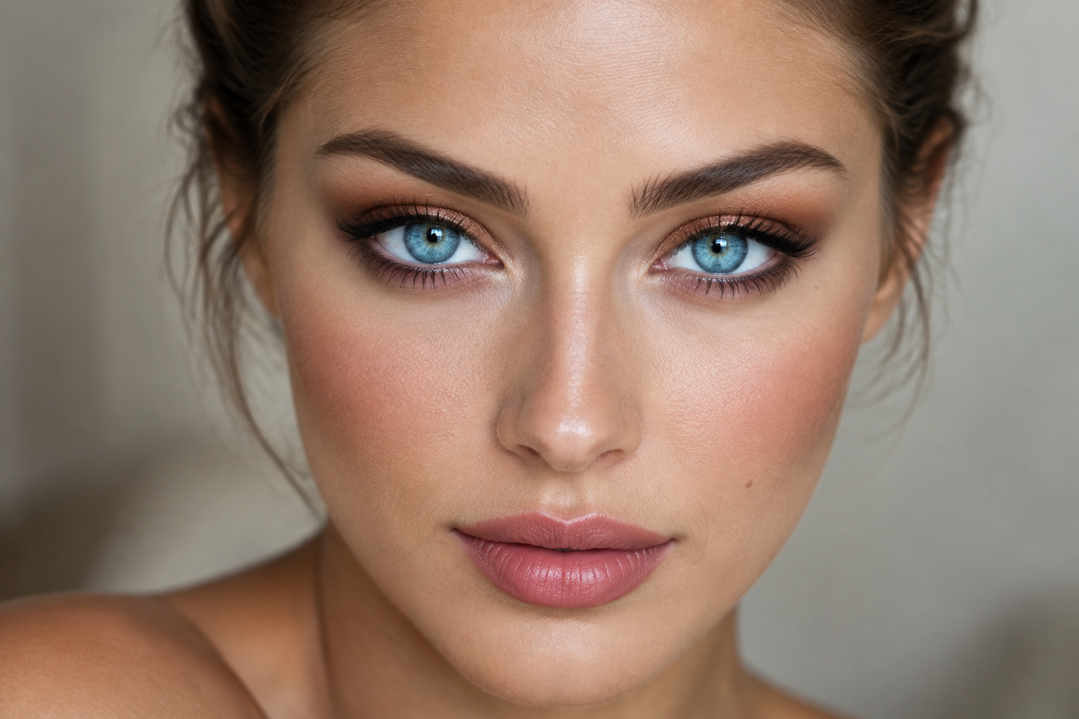 Close portrait of a blue-eyed woman wearing copper eyeshadow, softly defined outer corners, thin upper-lash liner, and muted rose lipstick.