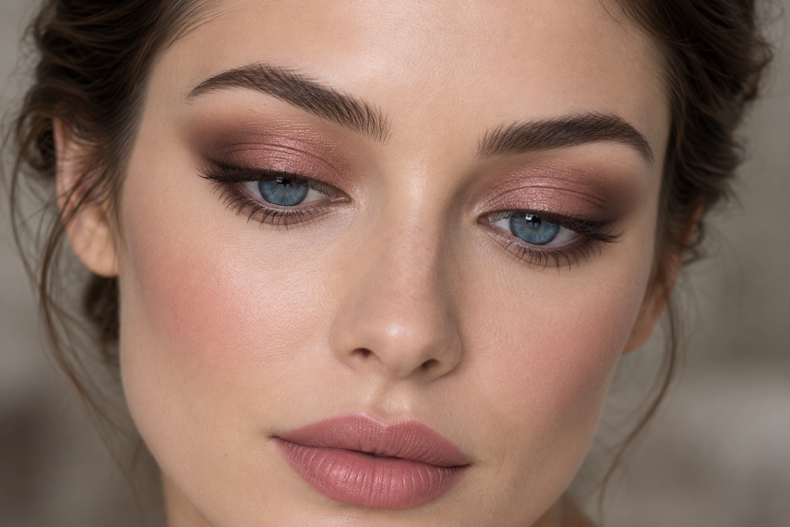 Fair-skinned blue-eyed woman wearing rose-brown shadow, softly blended taupe outer corners, and fine brown upper-lash liner.