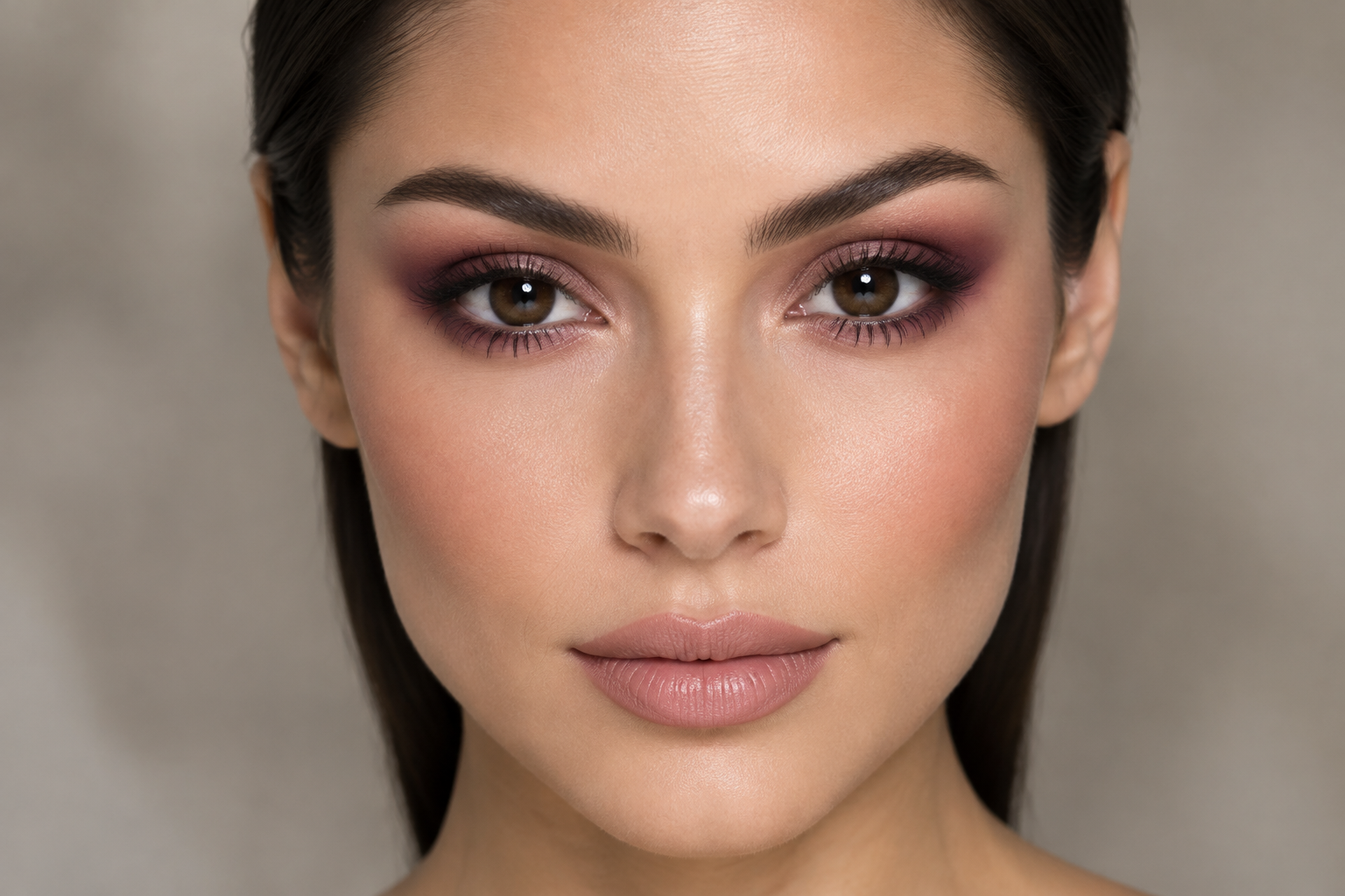 Woman with brown eyes wearing soft plum eyeshadow at the outer corners blended with rose-taupe, with sleek hair and neutral lipstick.