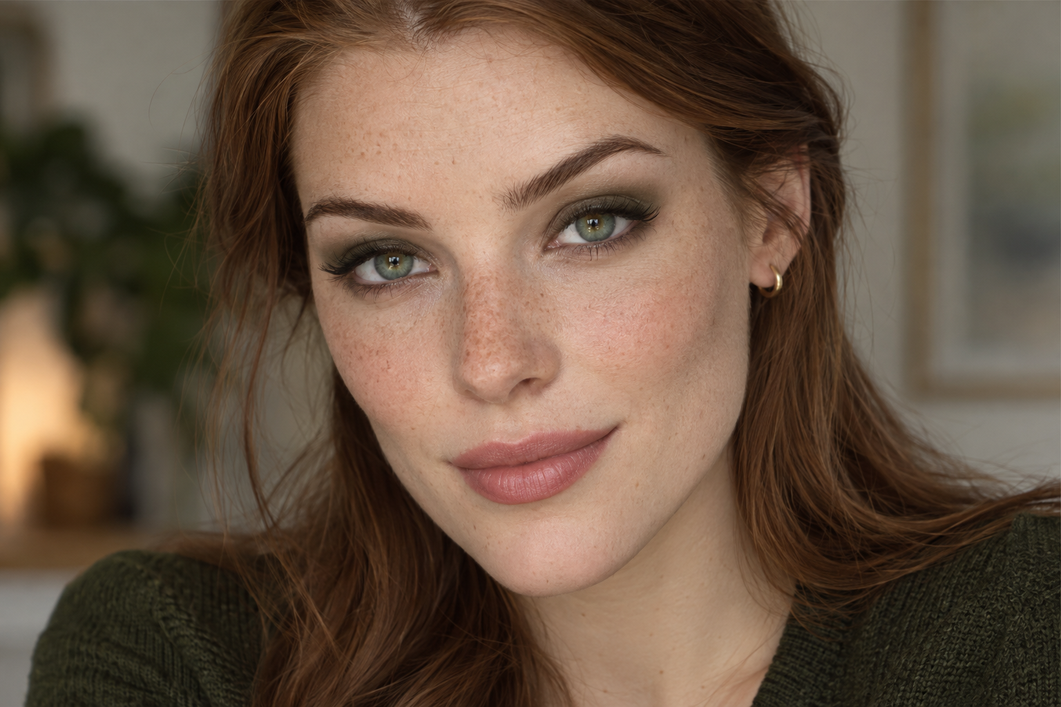 Green-eyed woman with auburn-brown hair wearing dark olive eye shadow with softly blended edges and thin brown definition along the upper lashes.