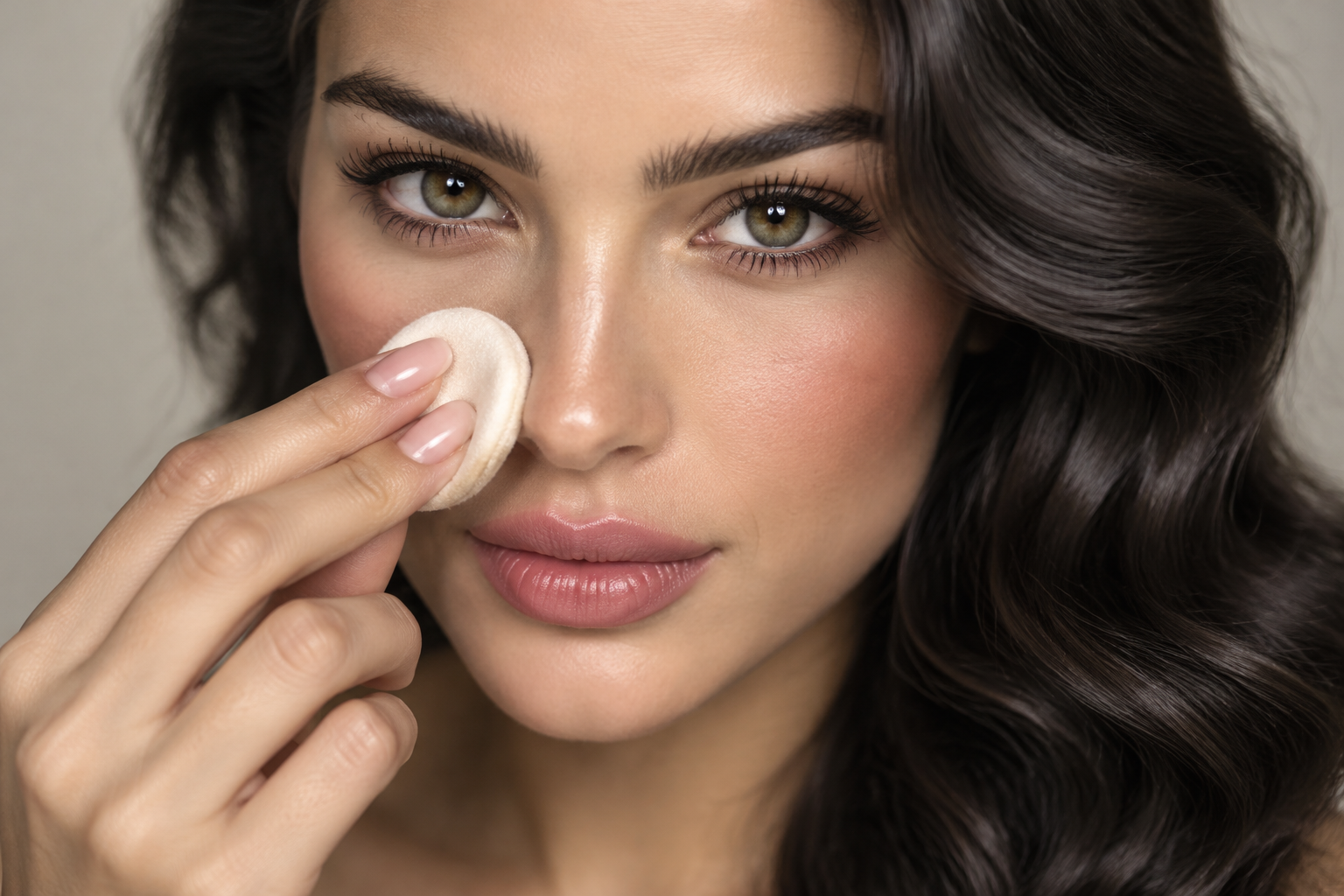 Woman with softly matte makeup, rose blush, and dark wavy hair pressing a small powder puff beside her nose.