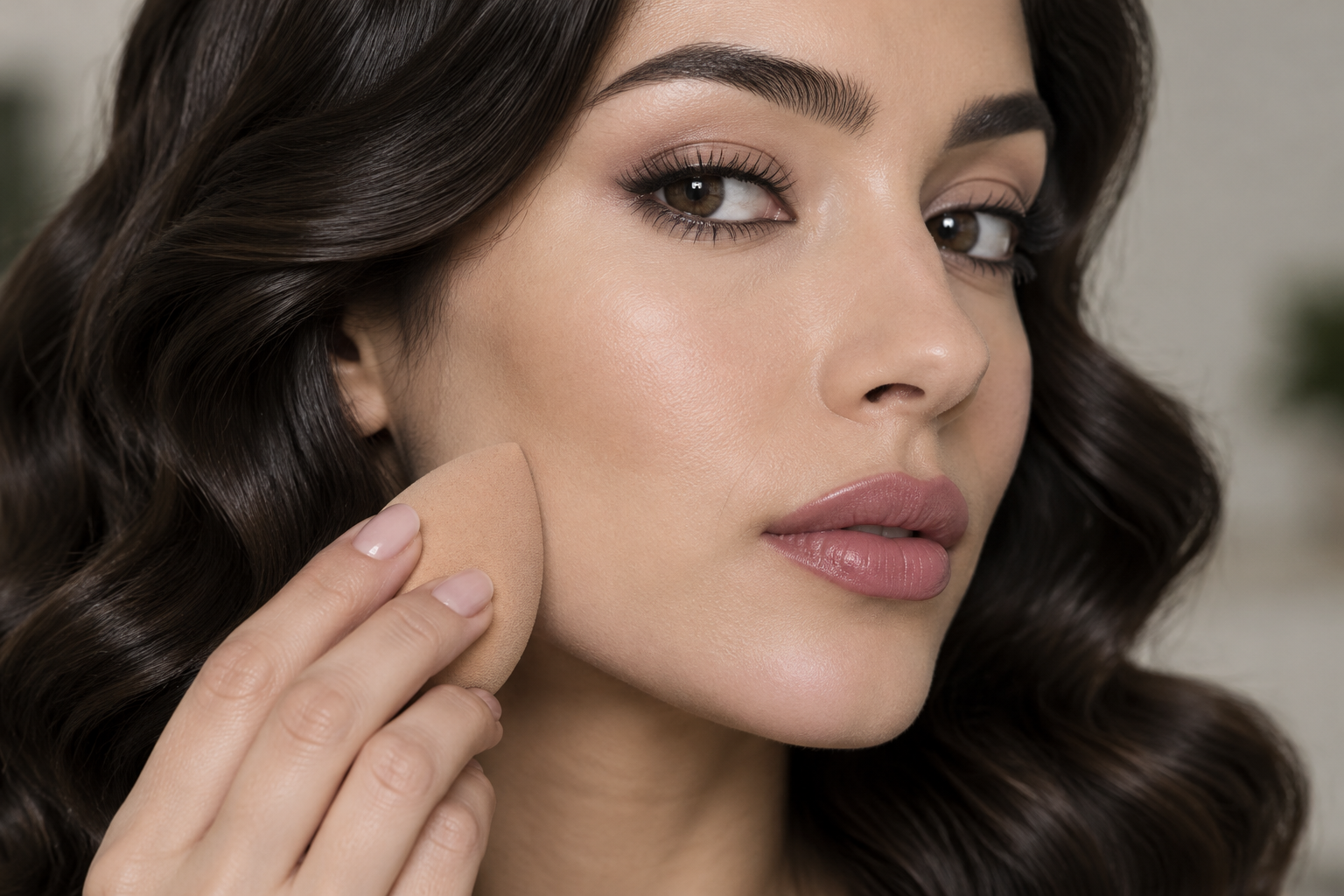 Woman with dark wavy hair pressing a makeup sponge against her outer lower cheek while blending a softly matte foundation base.