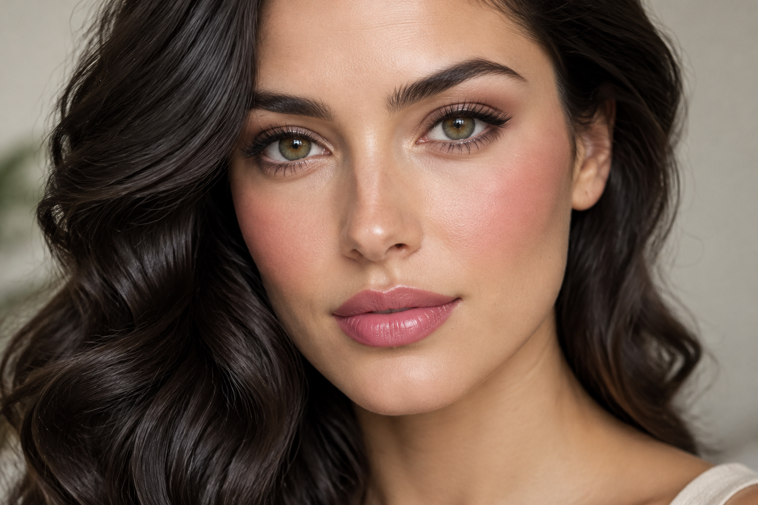 Close portrait of a woman with softly defined brows, neutral eyeshadow, fine brown eyeliner, blended rose blush, and rosy lip color, with dark waves framing one cheek.