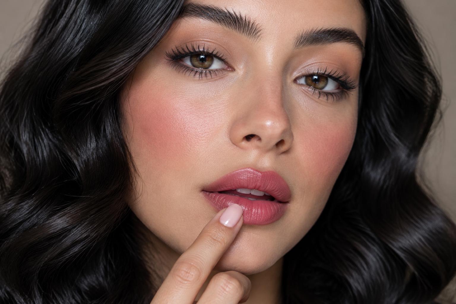 Woman with dark waves touching the edge of her rosy satin lower lip with a fingertip, with softly defined brows and rose cheek color.